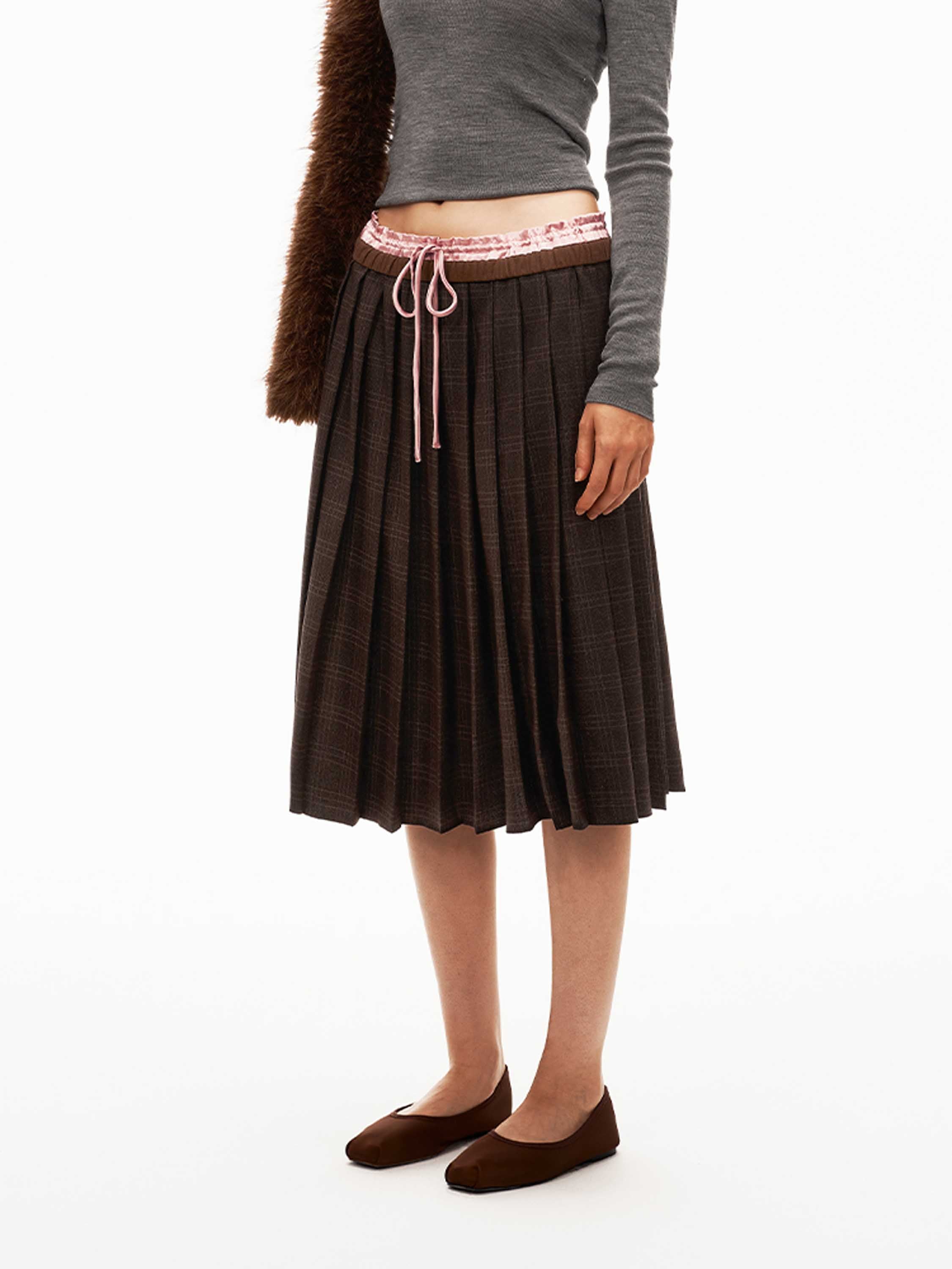 Double-Waistband Plaid Pleated Skirt