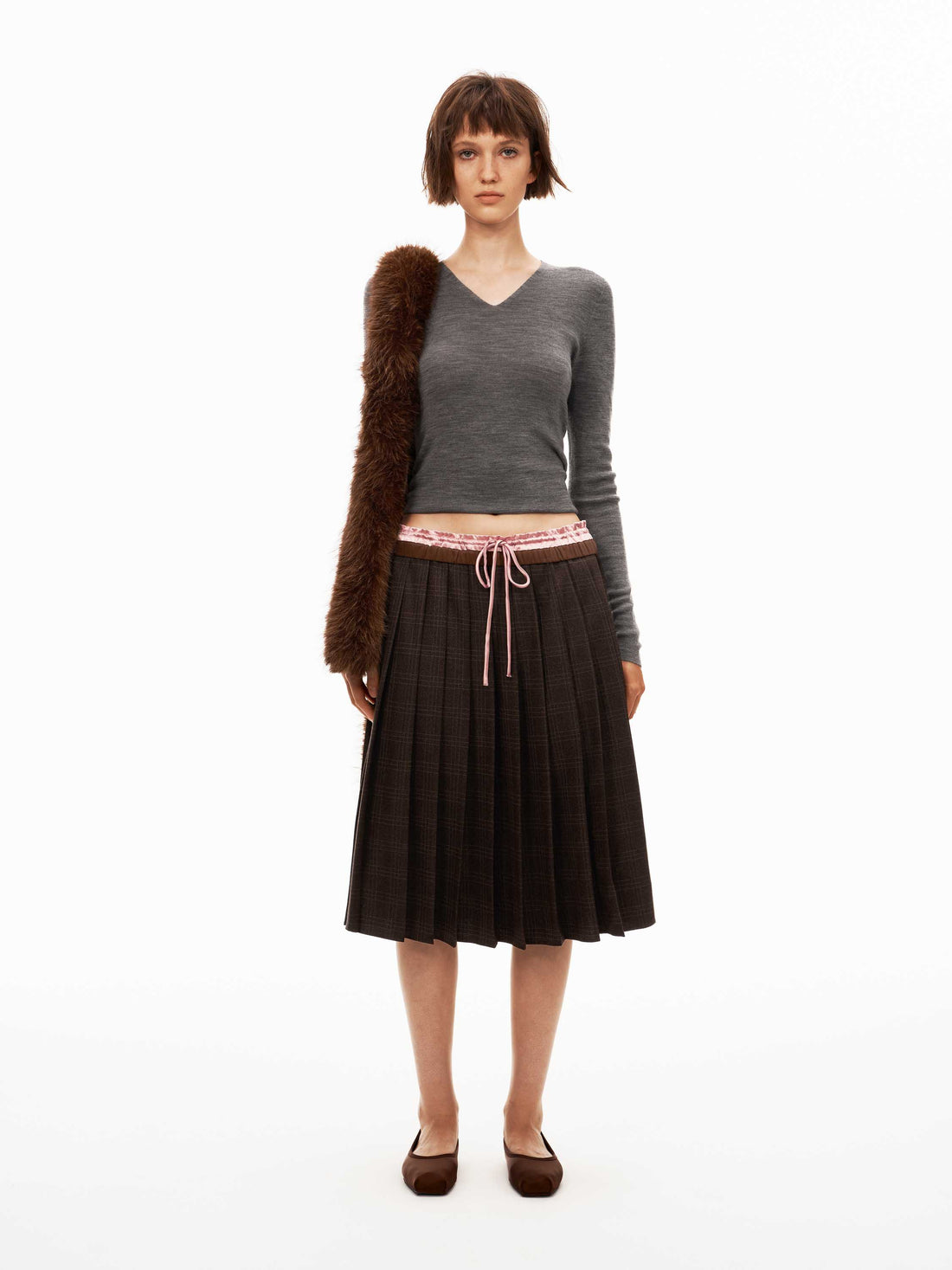 Double-Waistband Plaid Pleated Skirt