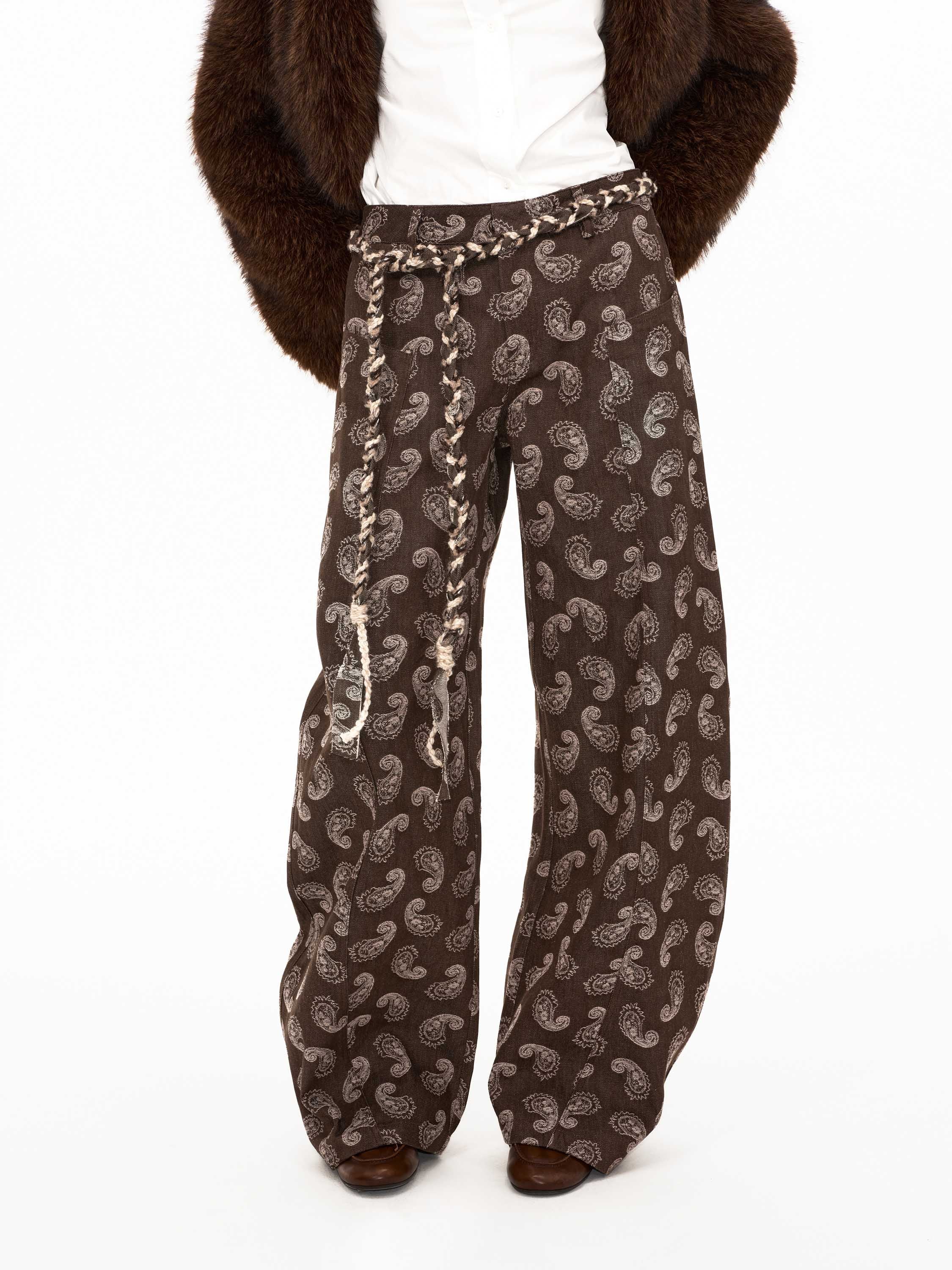 Brown Paisley Print Wide-Leg Pants