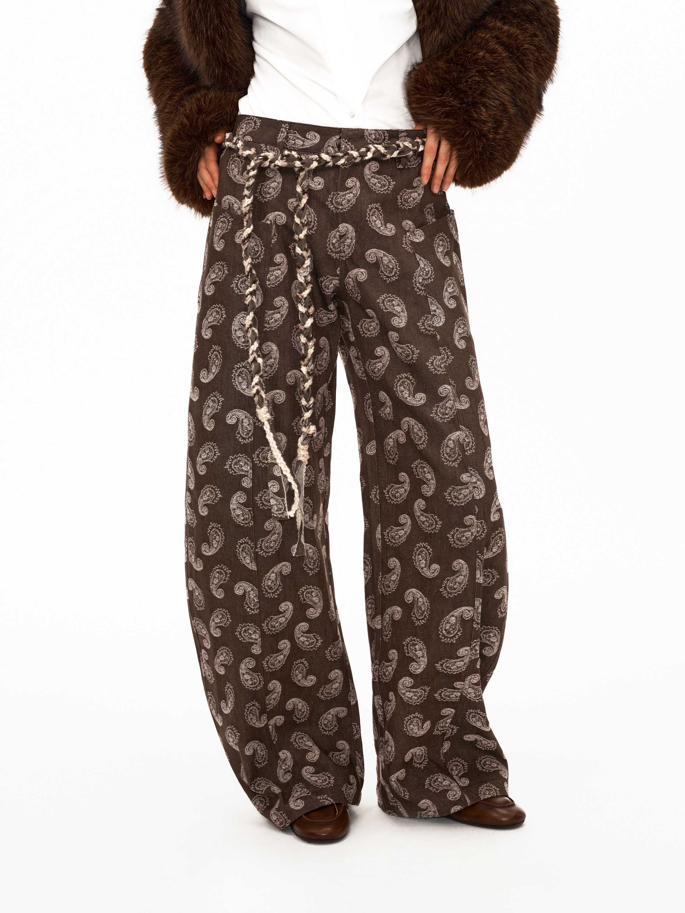 Brown Paisley Print Wide-Leg Pants