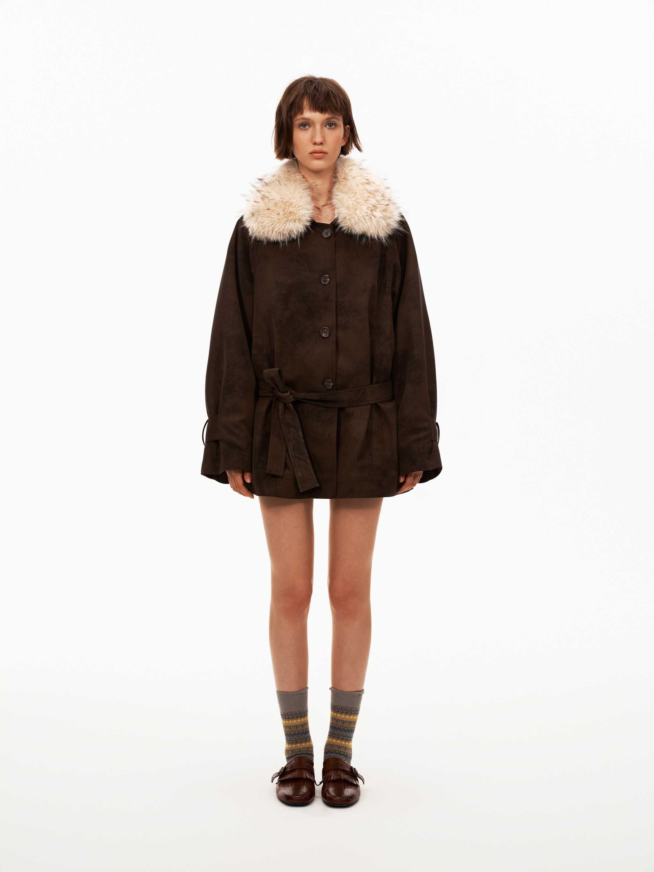Mid-Length Coat With Fur Collar