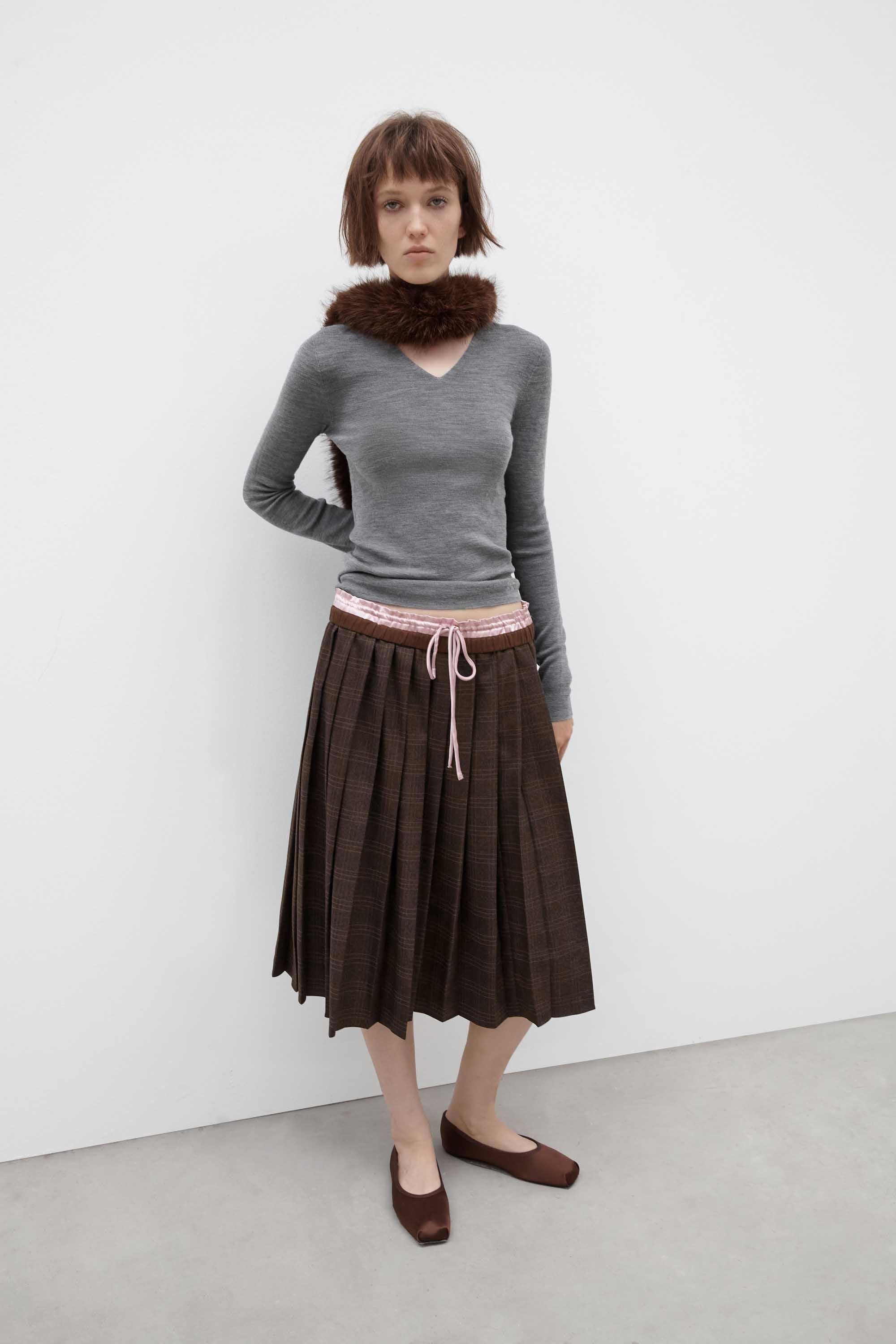Double-Waistband Plaid Pleated Skirt
