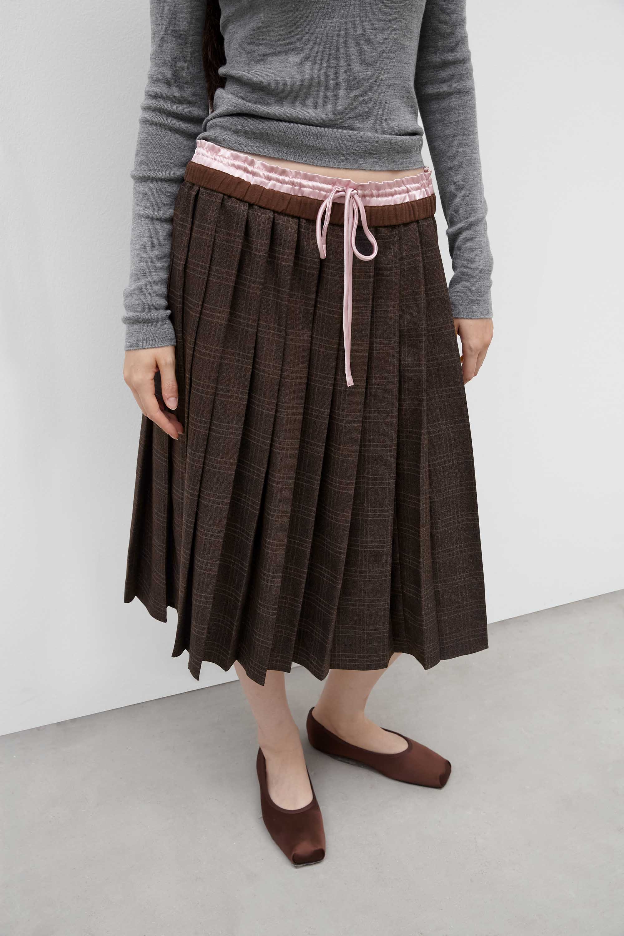 Double-Waistband Plaid Pleated Skirt