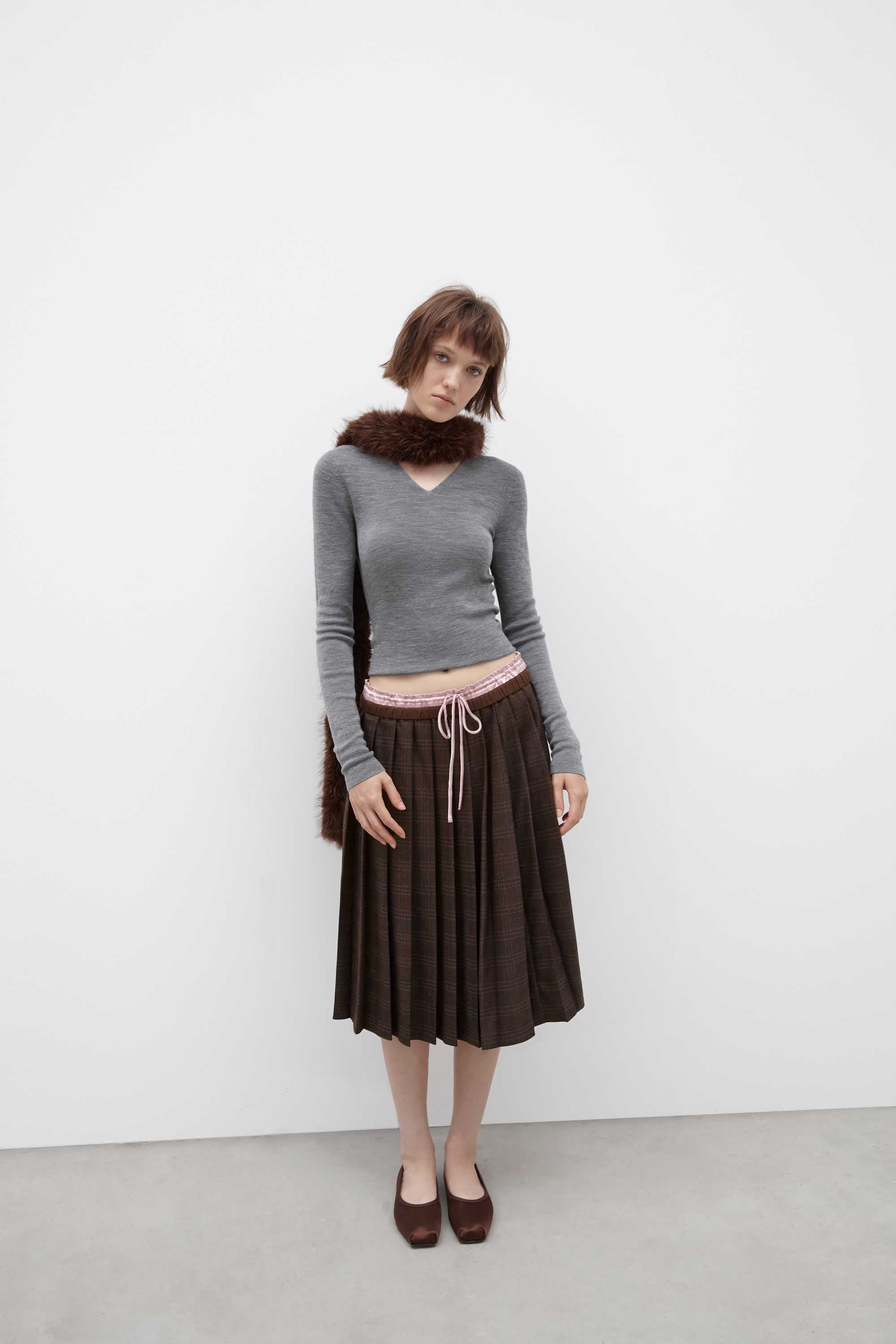 Double-Waistband Plaid Pleated Skirt