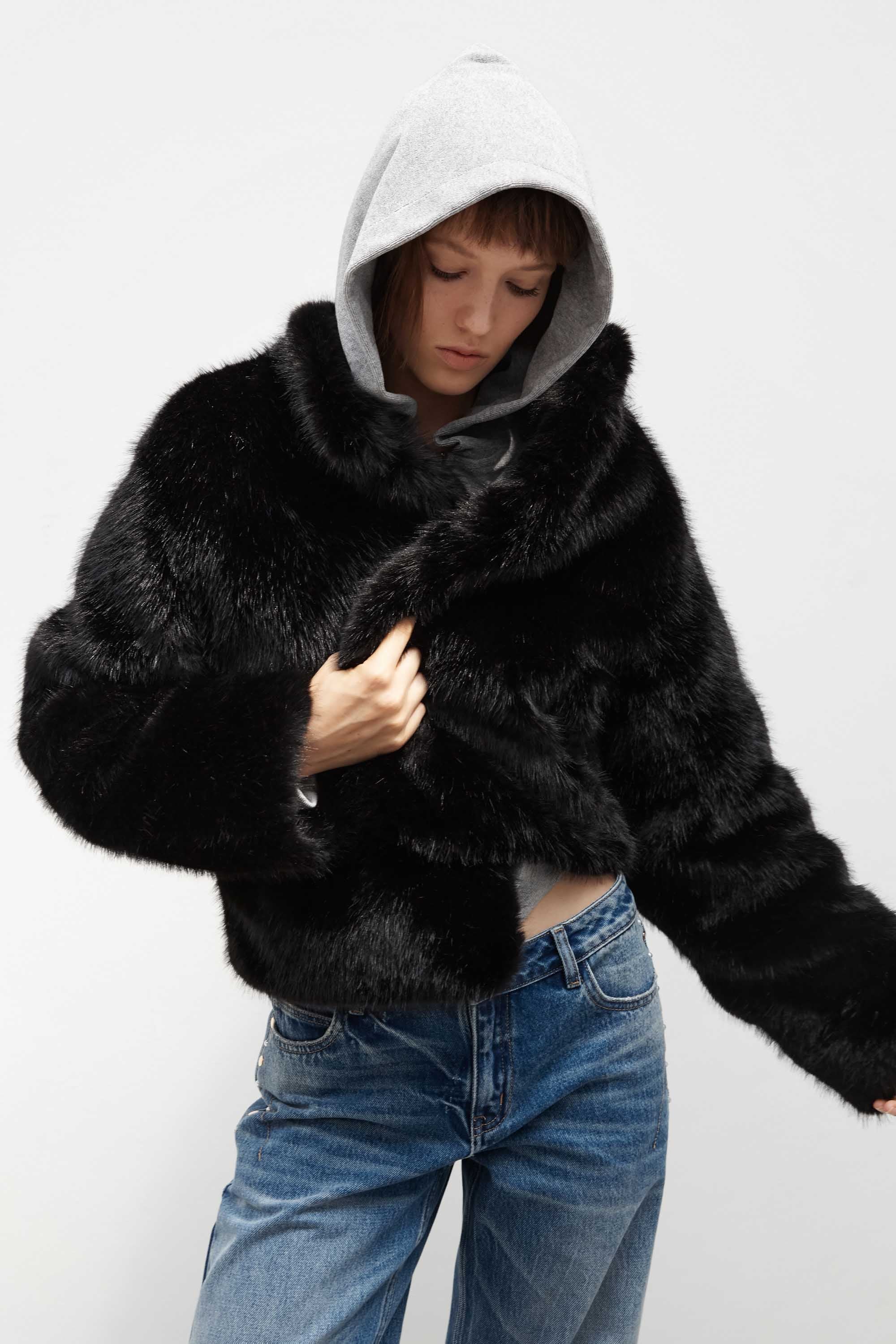 Mandarin Collar Faux Fur Jacket