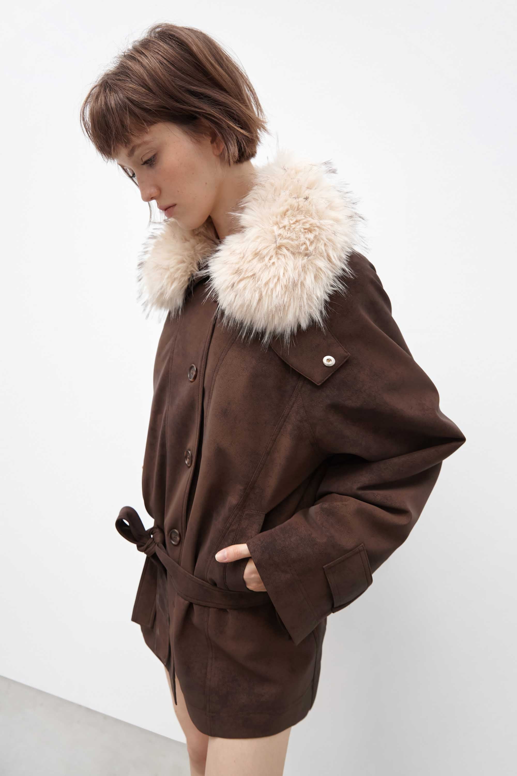 Mid-Length Coat With Fur Collar