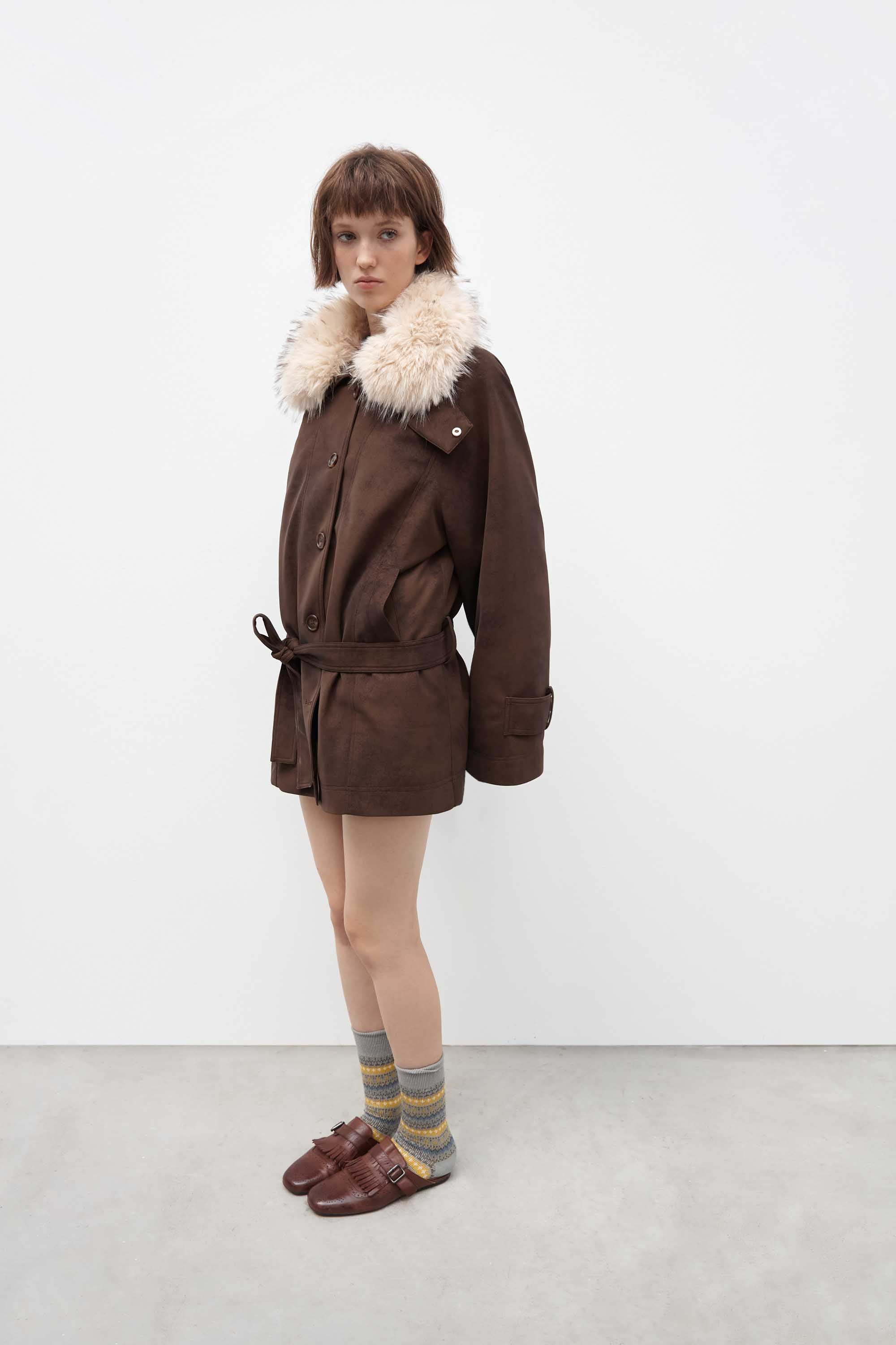 Mid-Length Coat With Fur Collar