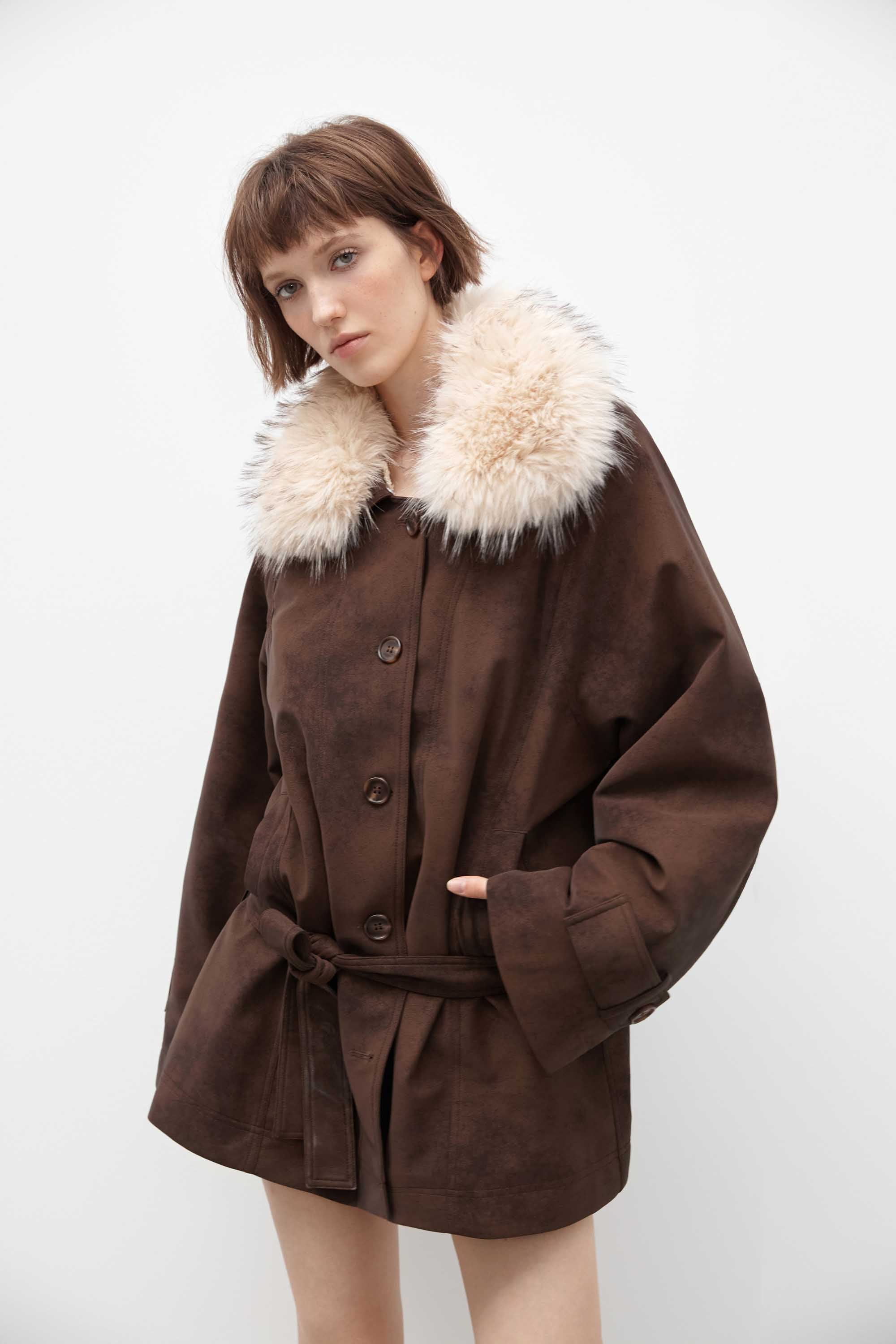 Mid-Length Coat With Fur Collar