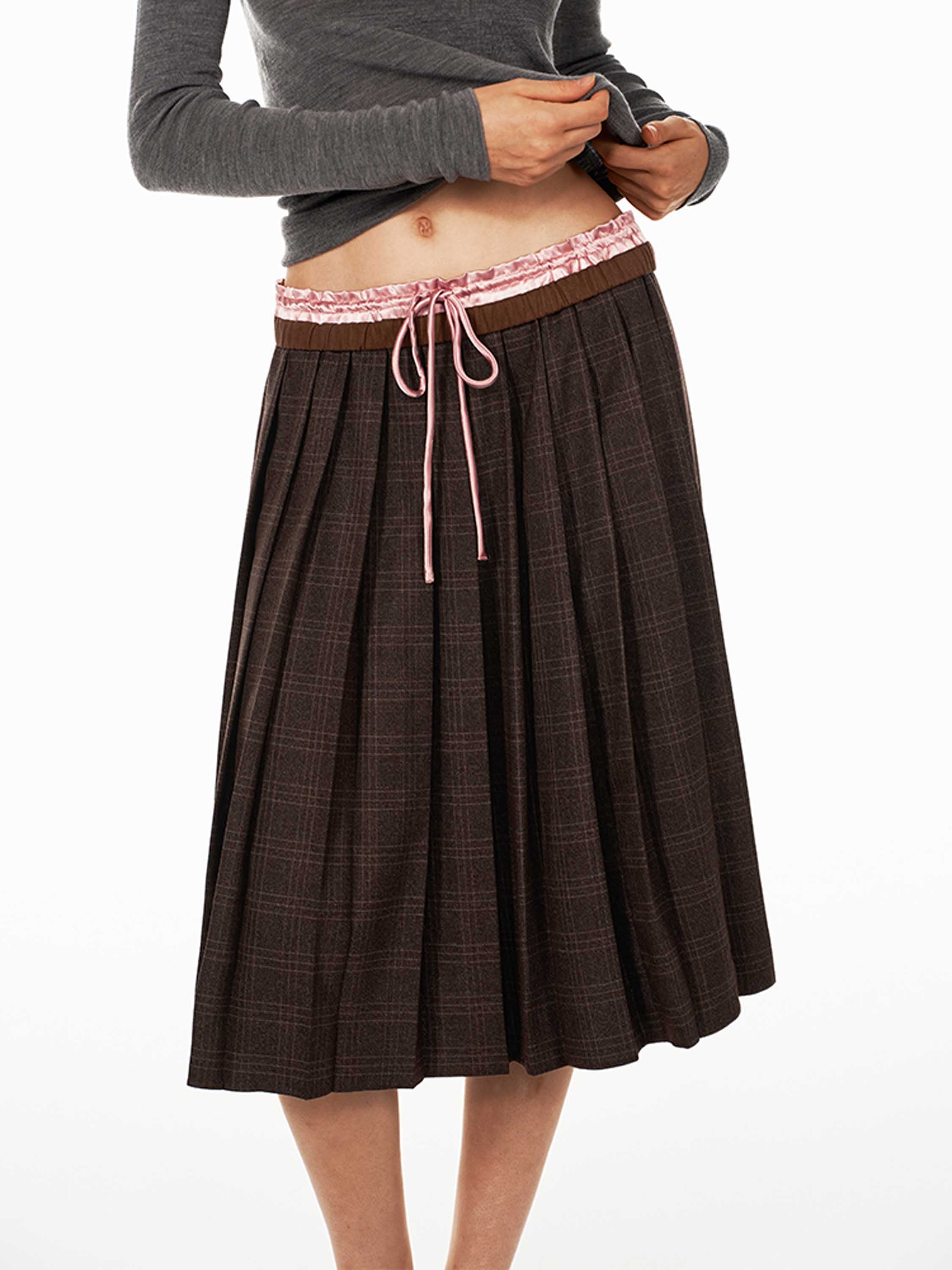 Double-Waistband Plaid Pleated Skirt