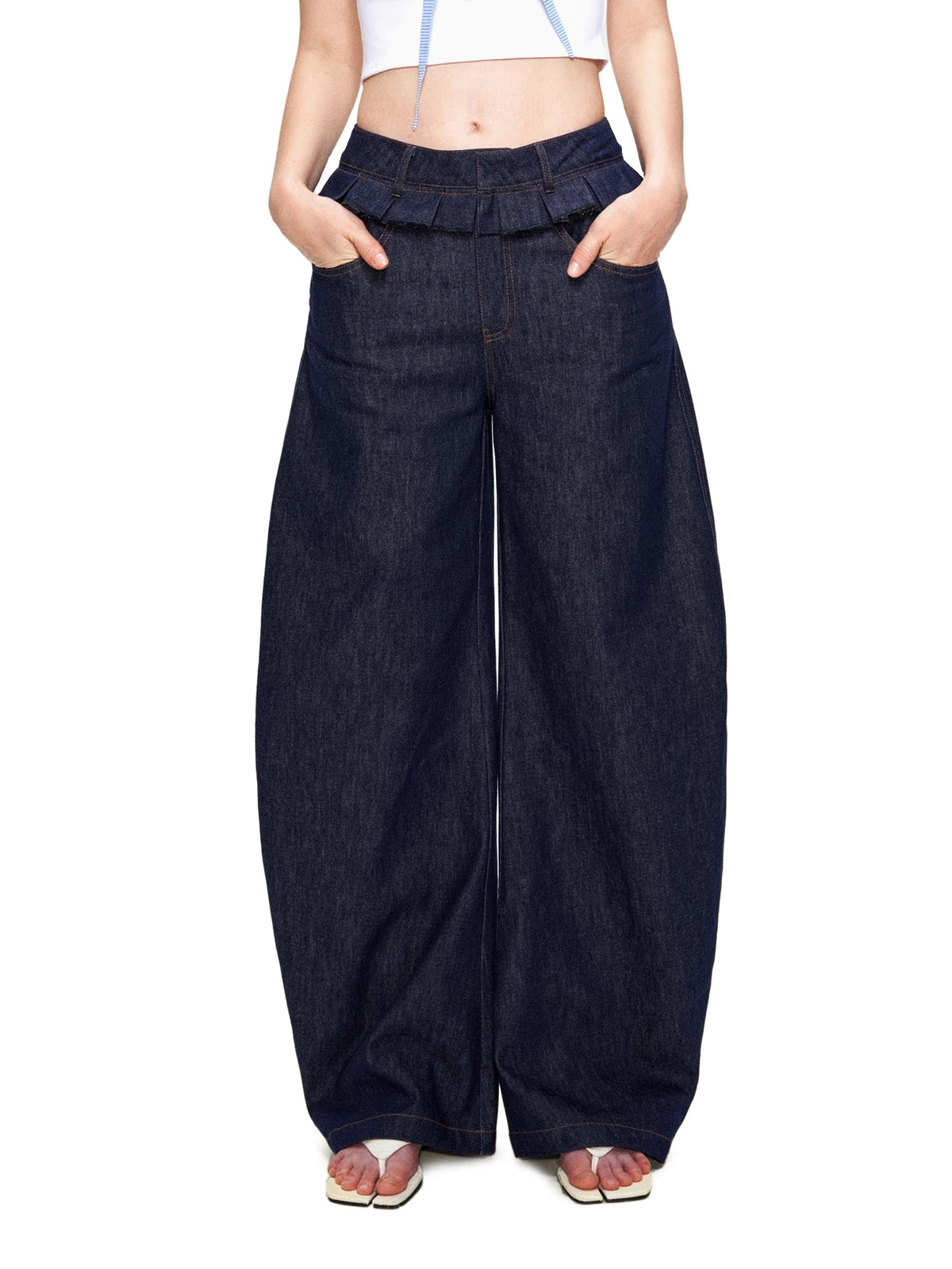 Ruffled Double-Waist Denim Pants