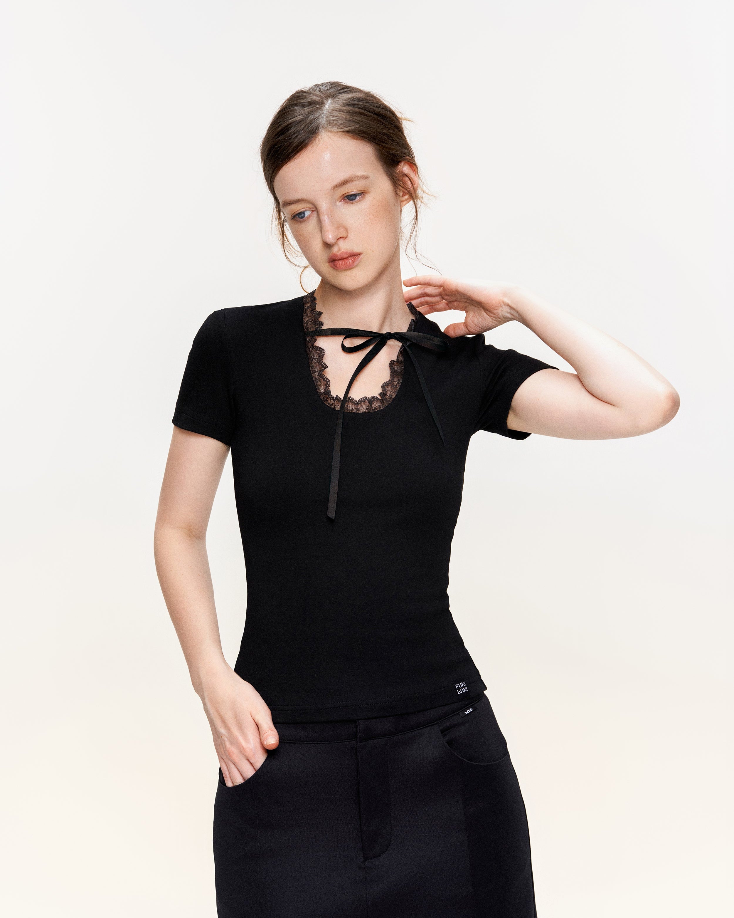 Lace Trim Tie Short Sleeve Tee