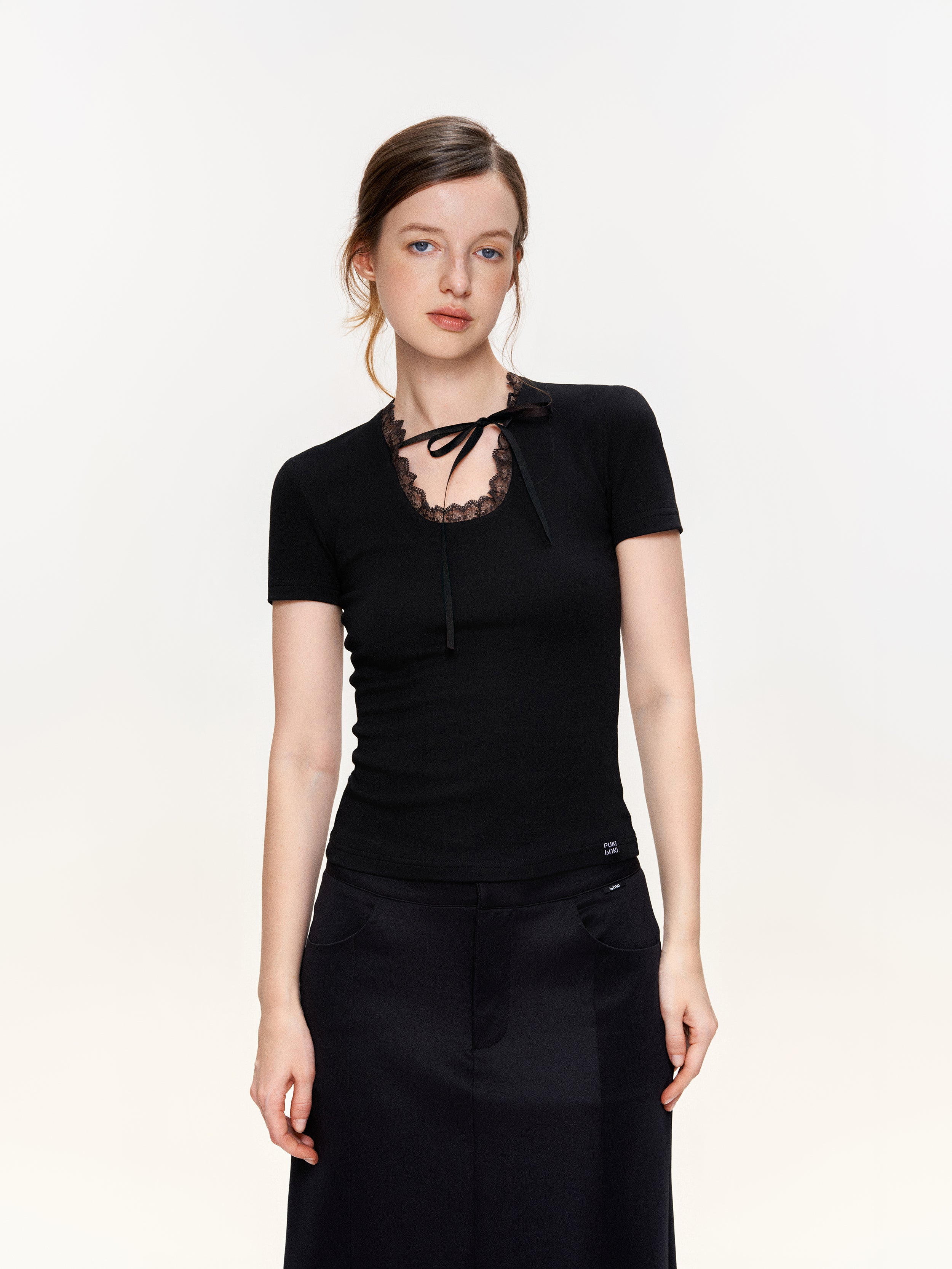 Lace Trim Tie Short Sleeve Tee