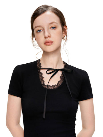 Lace Trim Tie Short Sleeve Tee
