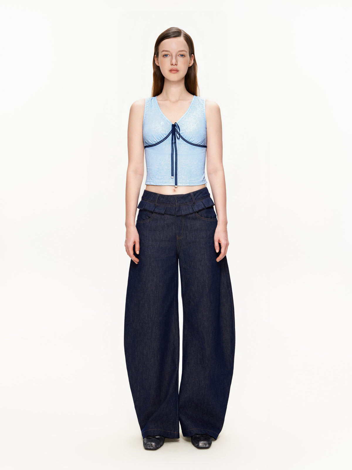 Ruffled Double-Waist Denim Pants