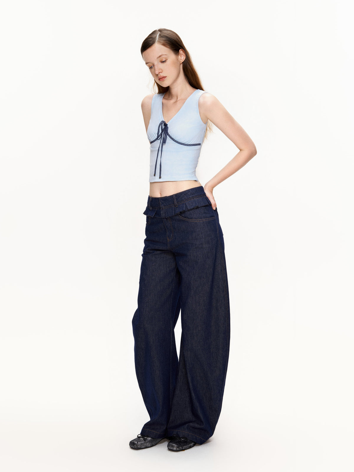 Ruffled Double-Waist Denim Pants