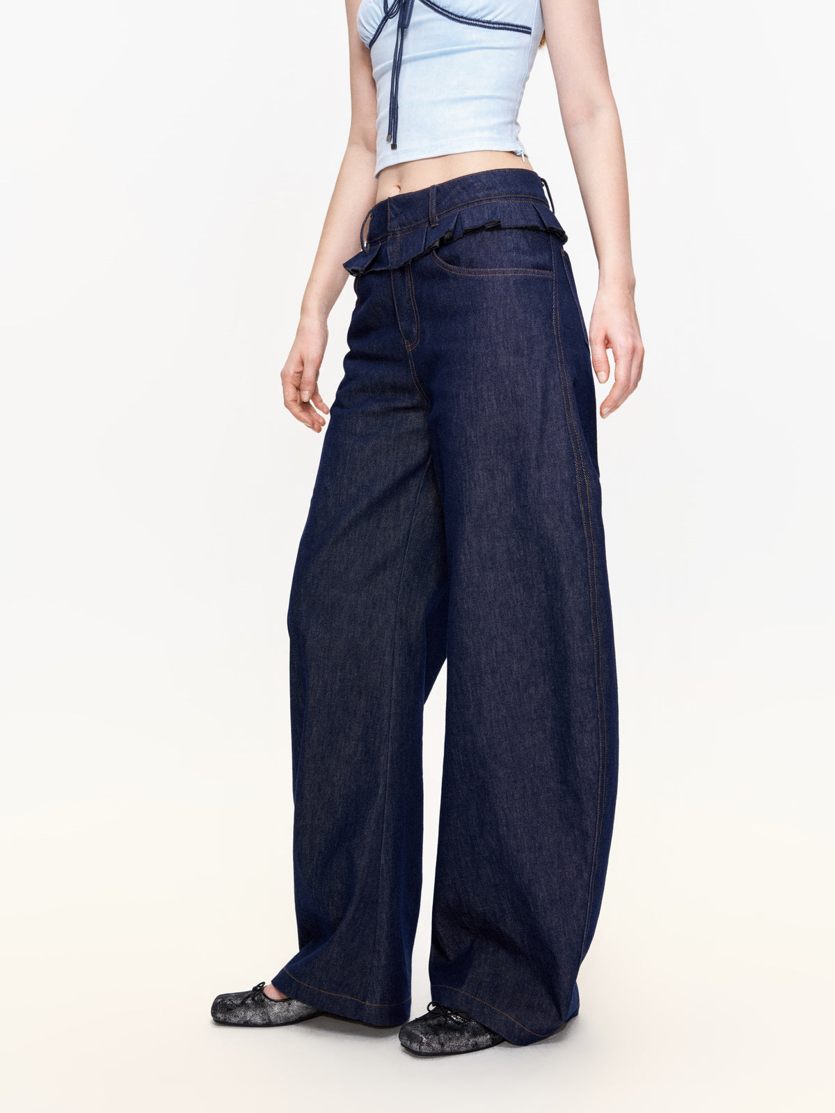 Ruffled Double-Waist Denim Pants