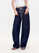 Ruffled Double-Waist Denim Pants