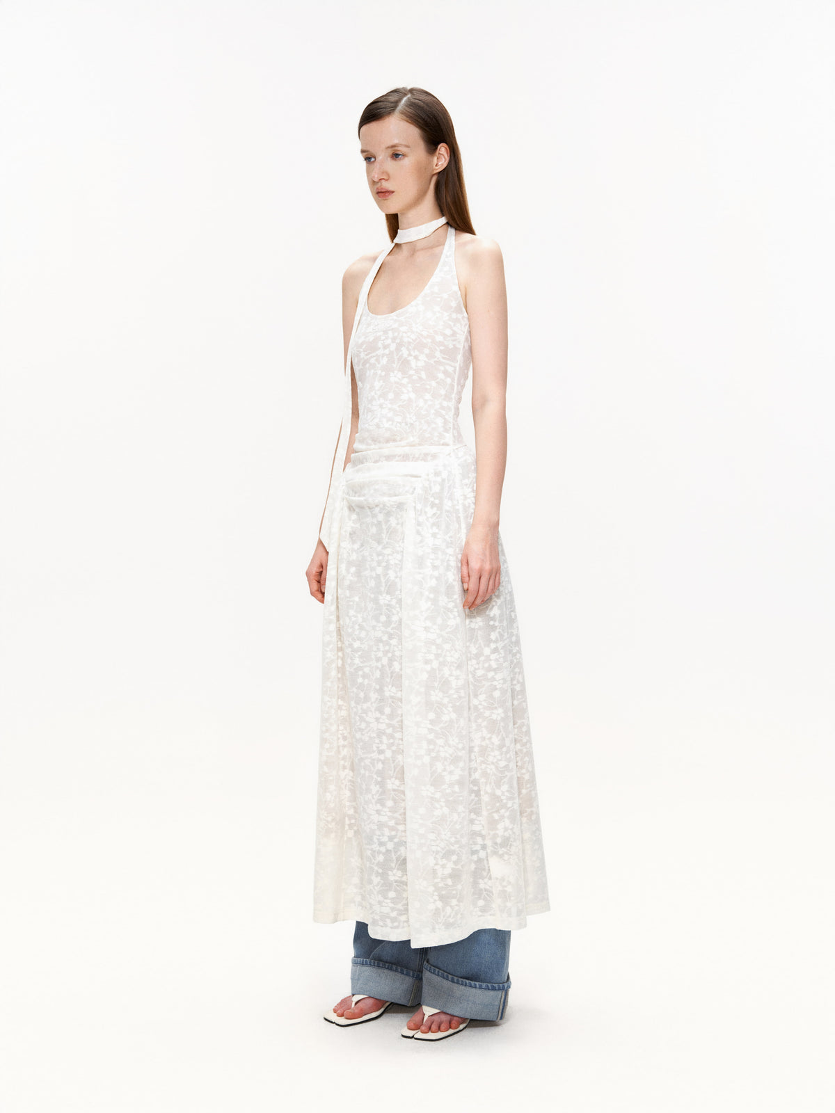 Sheer Jacquard Halter Dress