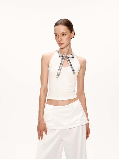 Bow-Detailed Plaid Bustier Top