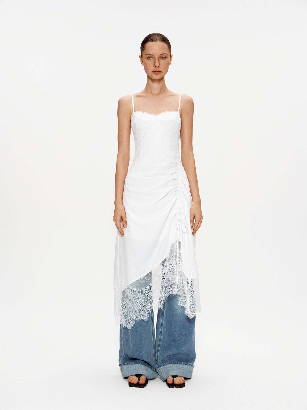 Lace-Trim Ruched Slip Dress