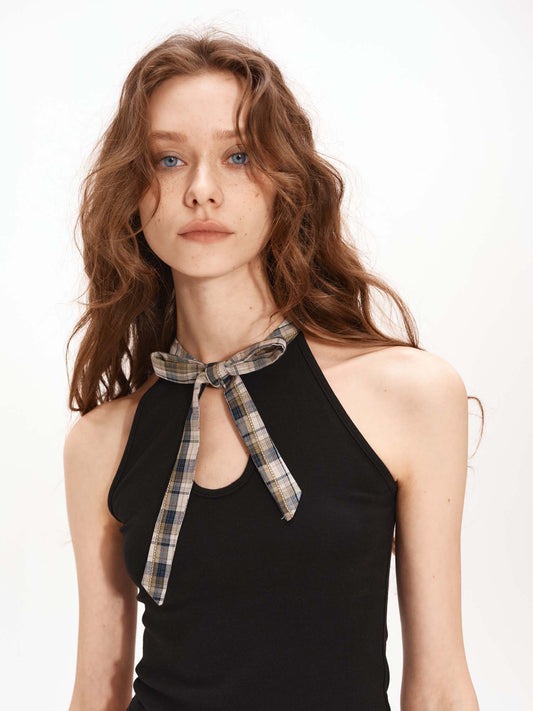 Bow-Detailed Plaid Bustier Top