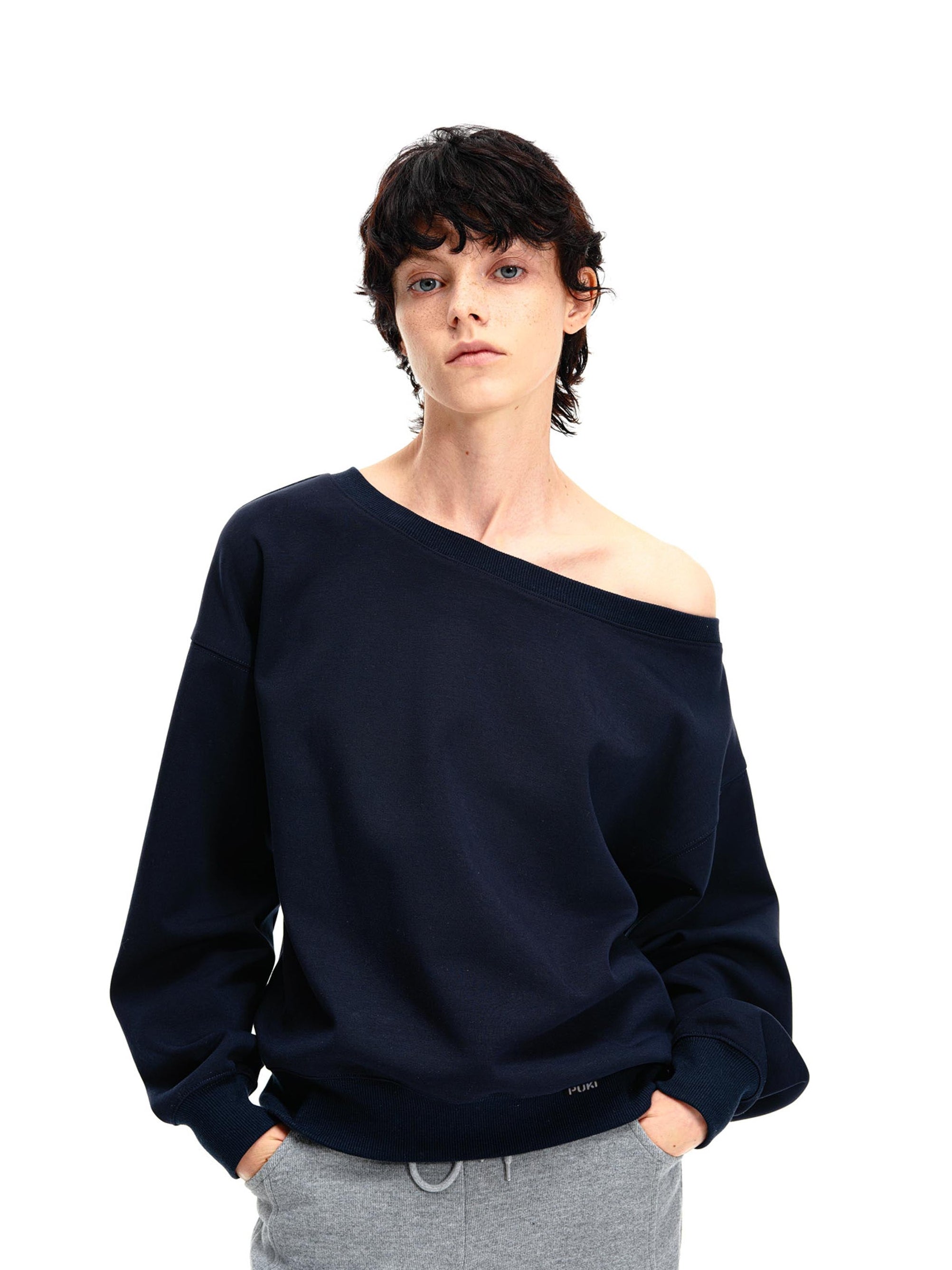 Asymmetric Off-Shoulder Airy Sweatshirt