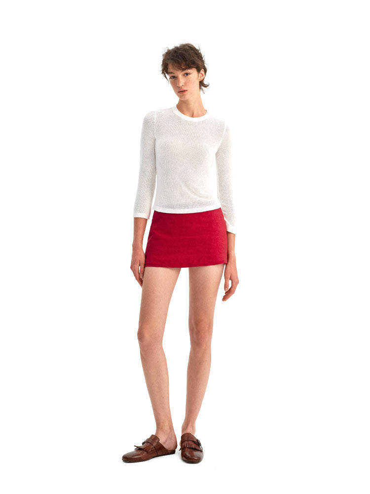 Red Linen Straight Mini Skirt