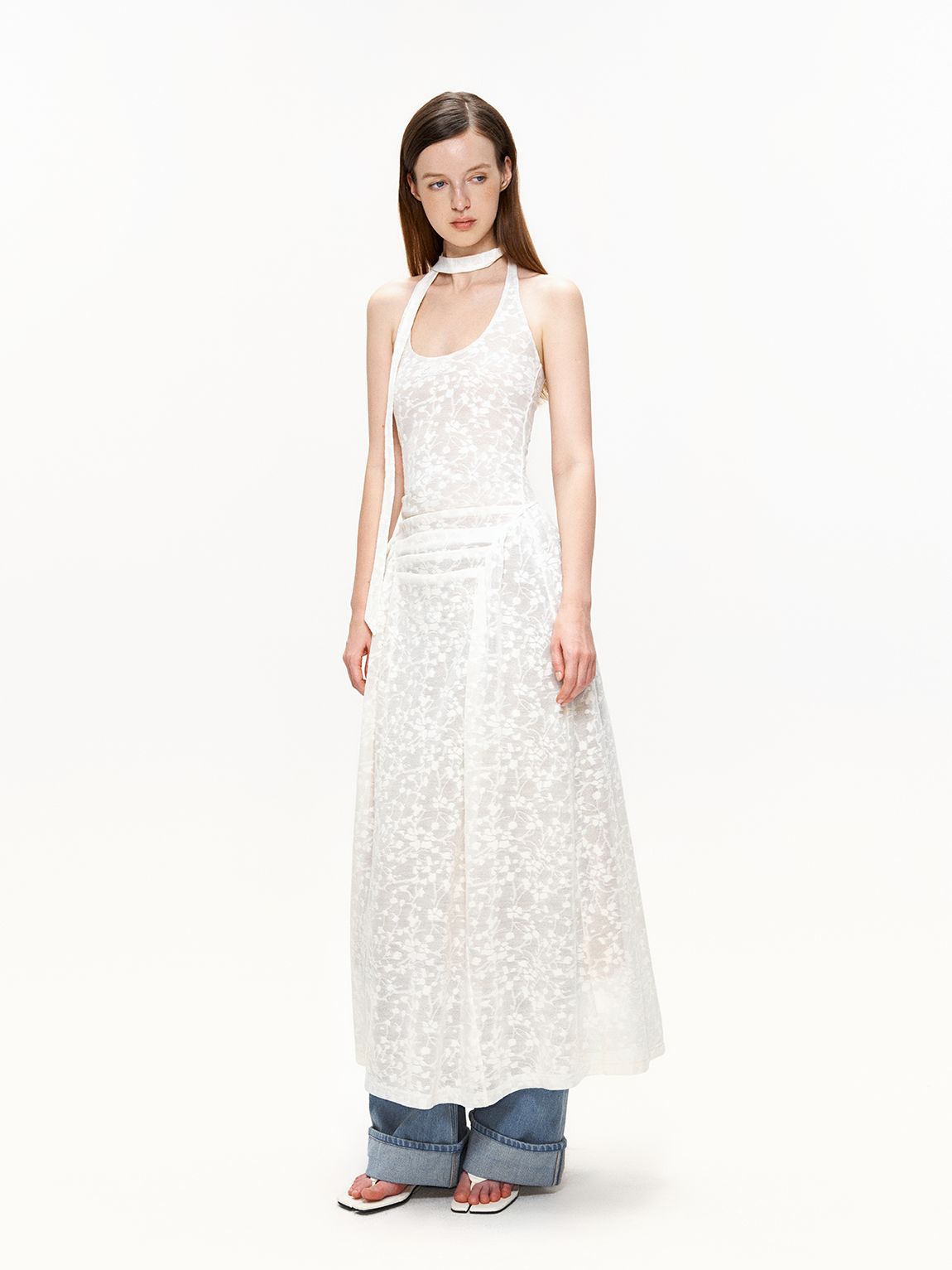 Sheer Jacquard Halter Dress