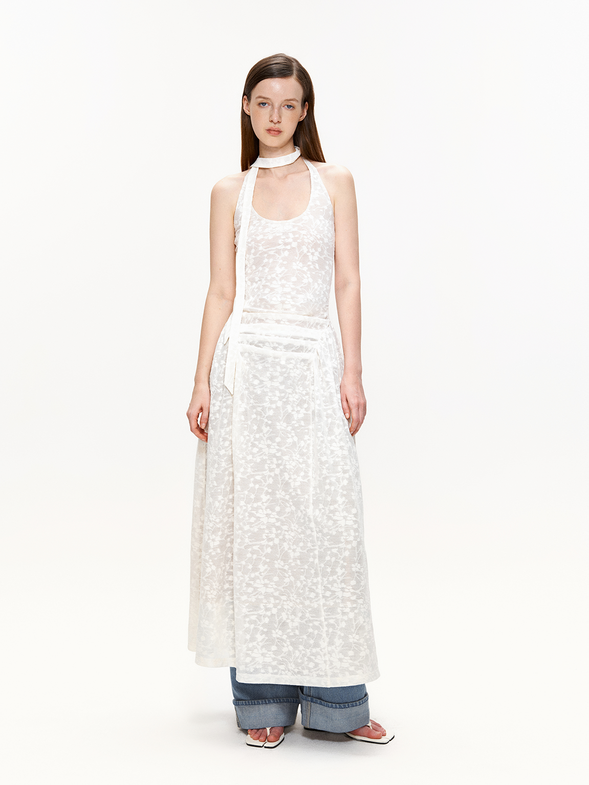 Sheer Jacquard Halter Dress