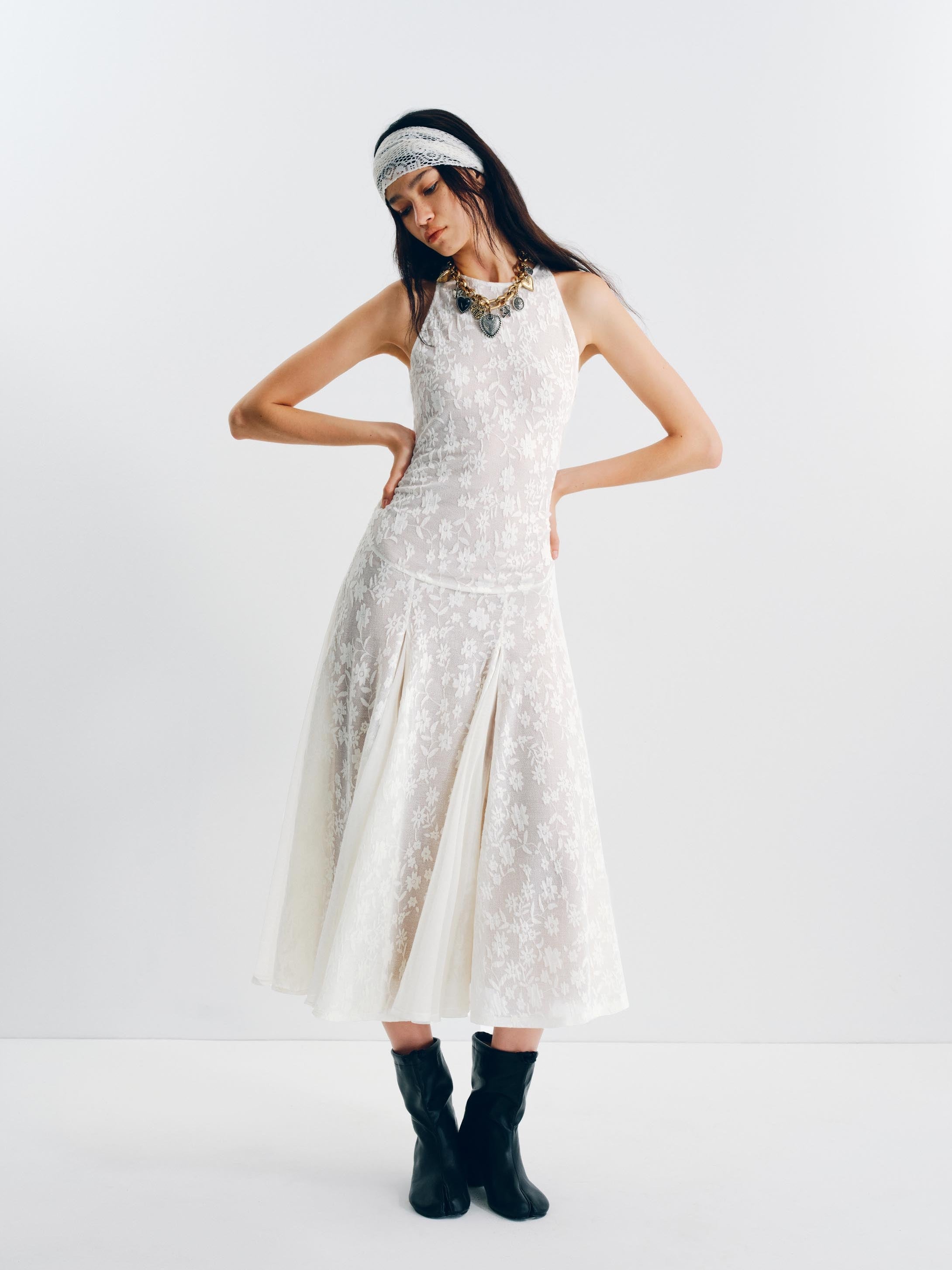 Sheer Jacquard Halter Maxi Dress
