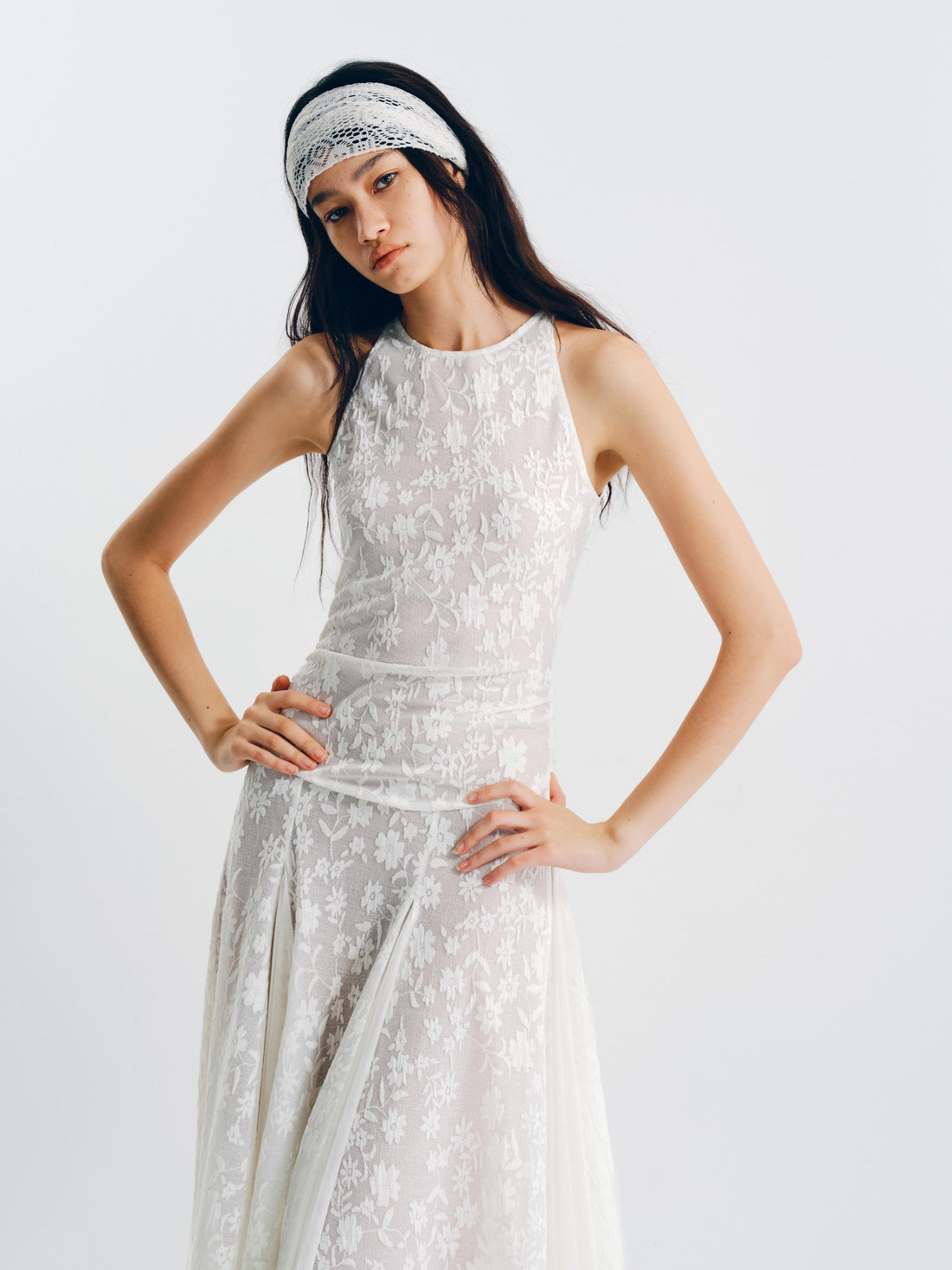 Sheer Jacquard Halter Maxi Dress