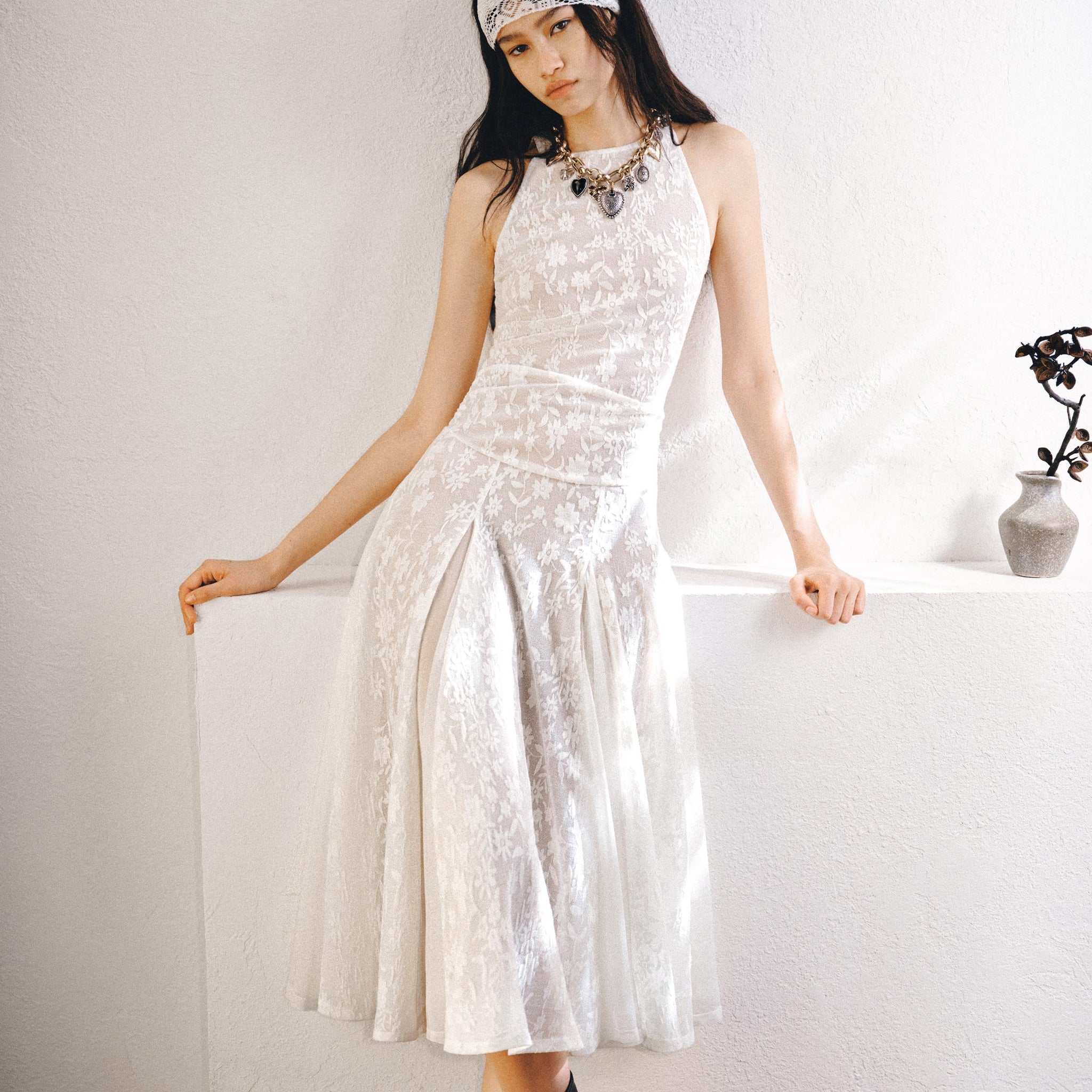Sheer Jacquard Halter Maxi Dress L (6)