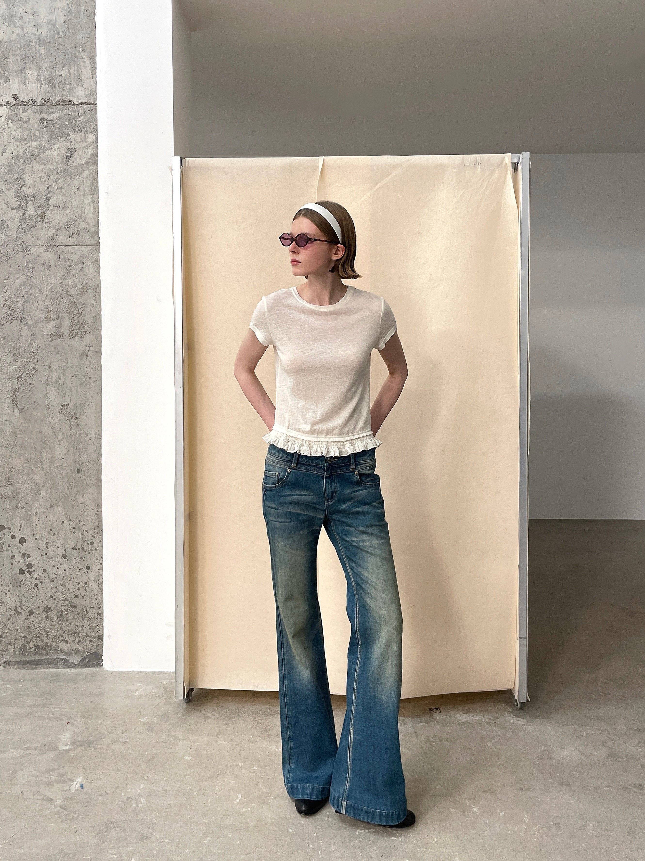 เสื้อจับจีบผ้าขนสัตว์ลาย Jacquard