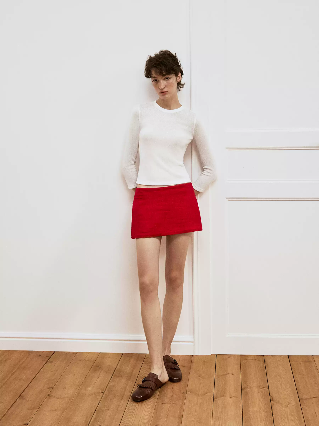 Red Linen Straight Mini Skirt