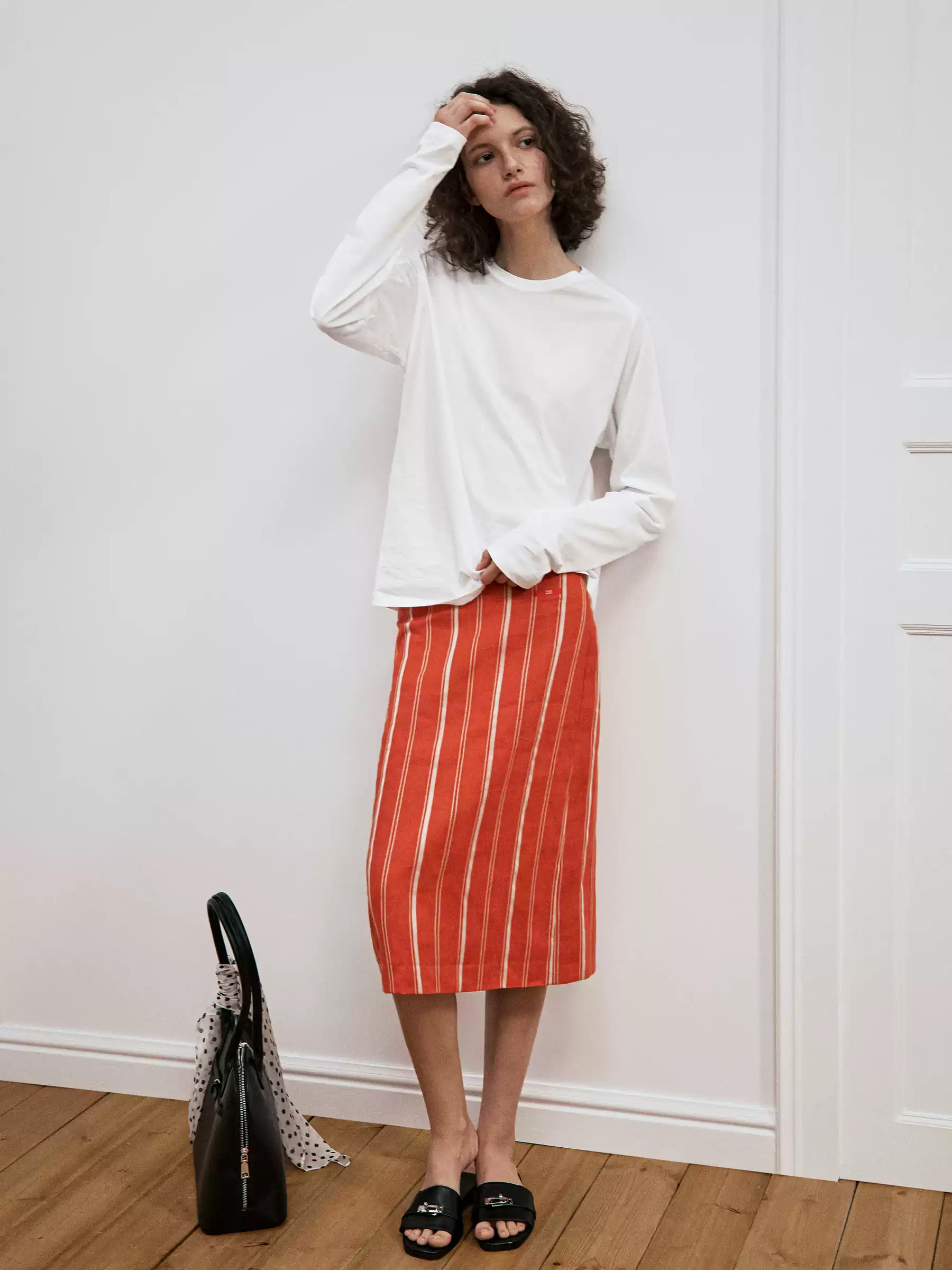 Linen Midi Skirt — Vintage Striped Relaxed A-Line