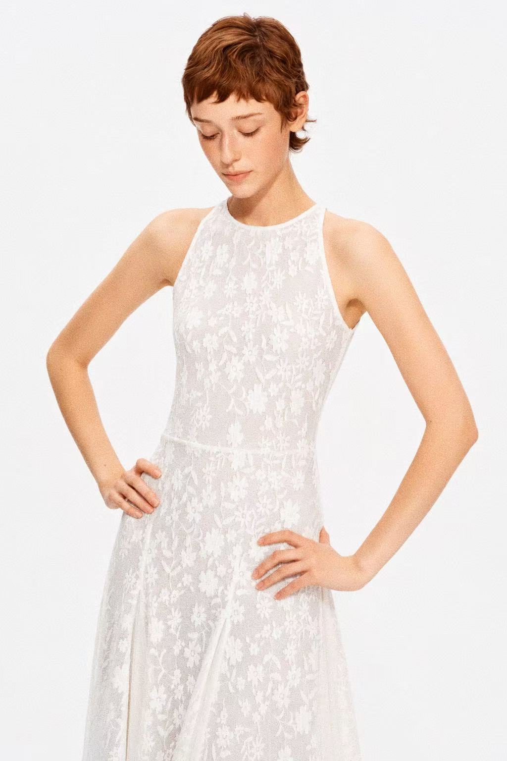 Sheer Jacquard Halter Maxi Dress