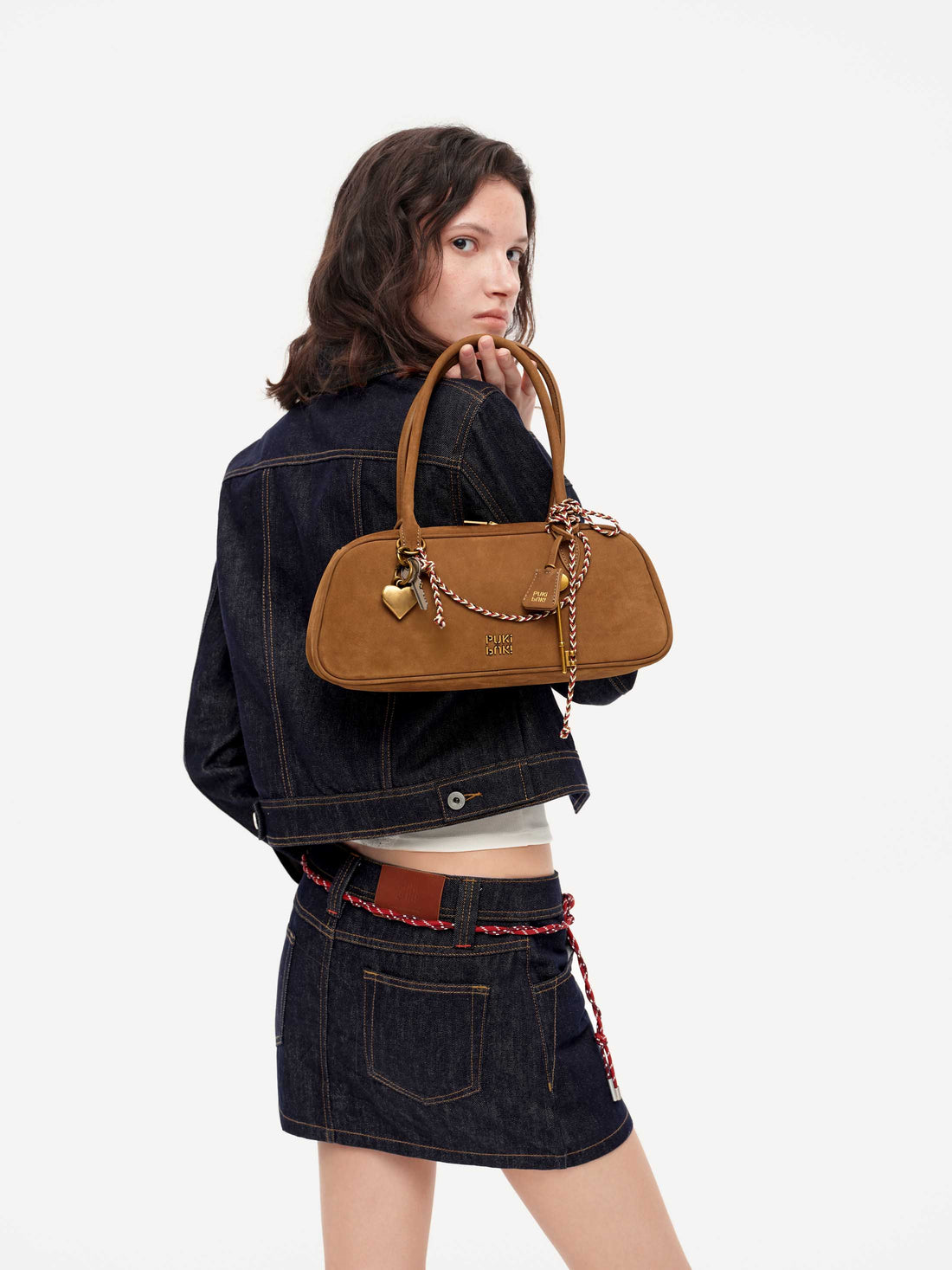 Vintage Suede Leather Boston Bag with Grained Cowhide