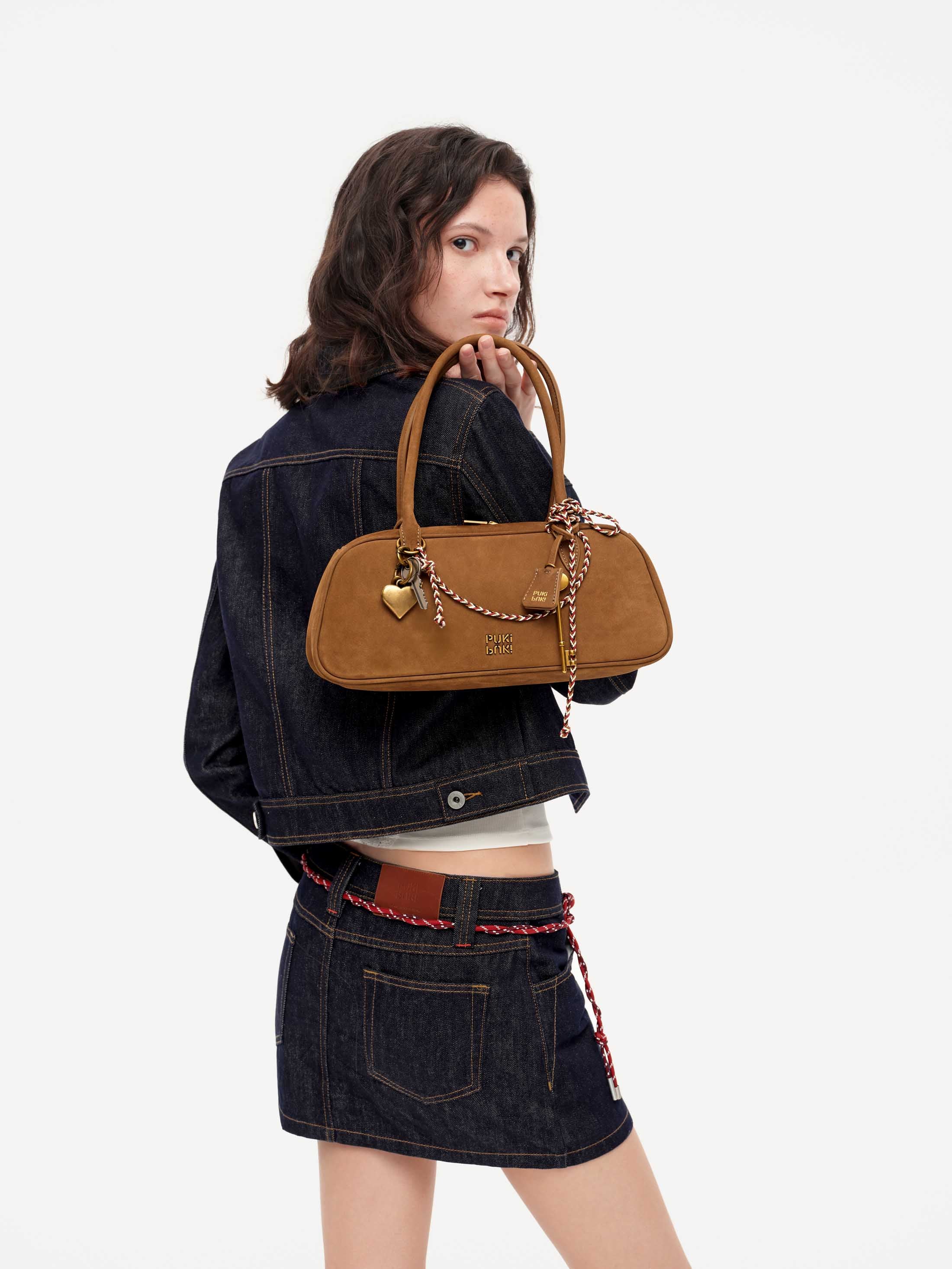 Vintage Suede Leather Boston Bag with Grained Cowhide