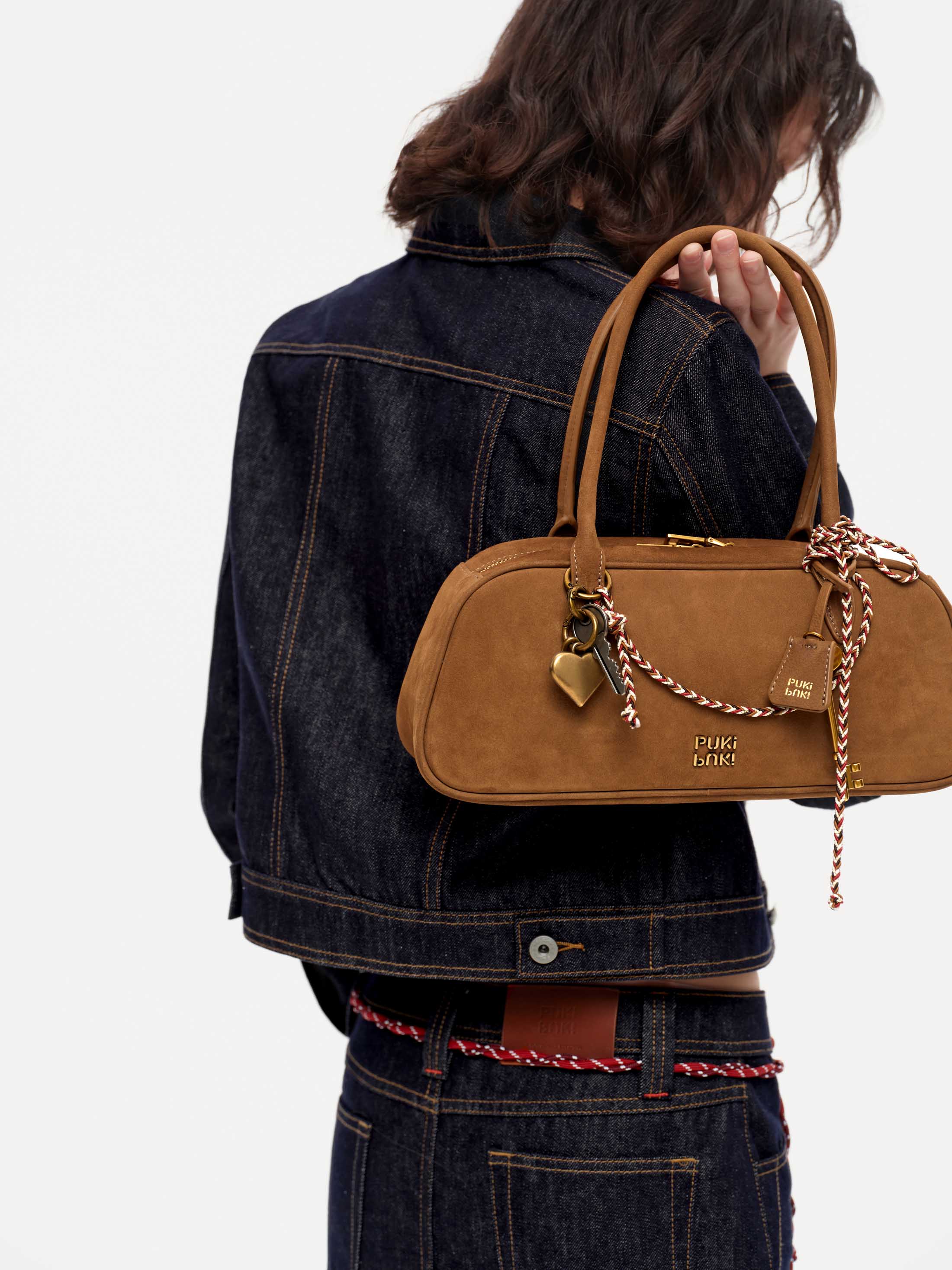 Vintage Suede Leather Boston Bag with Grained Cowhide