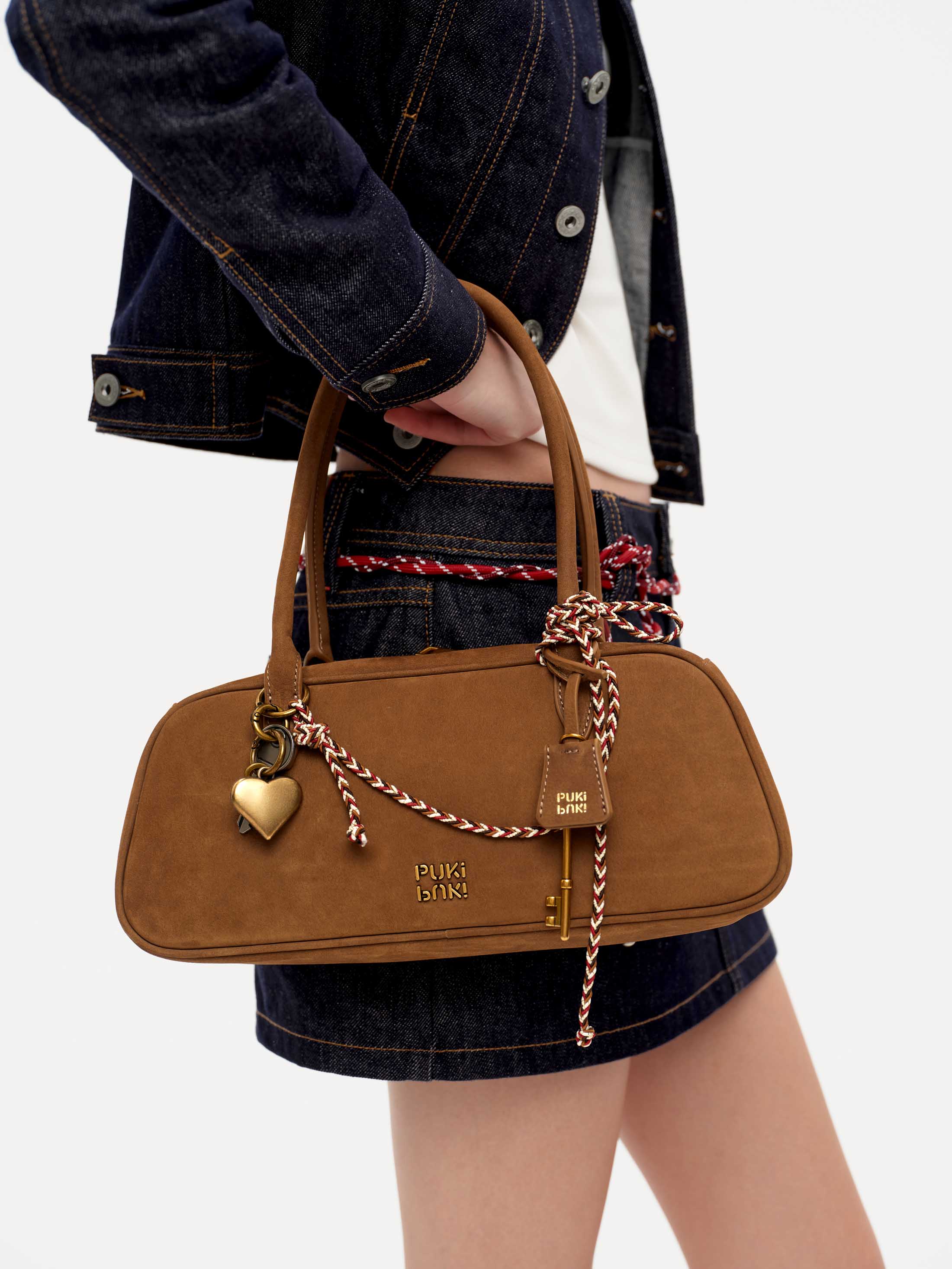 Vintage Suede Leather Boston Bag with Grained Cowhide