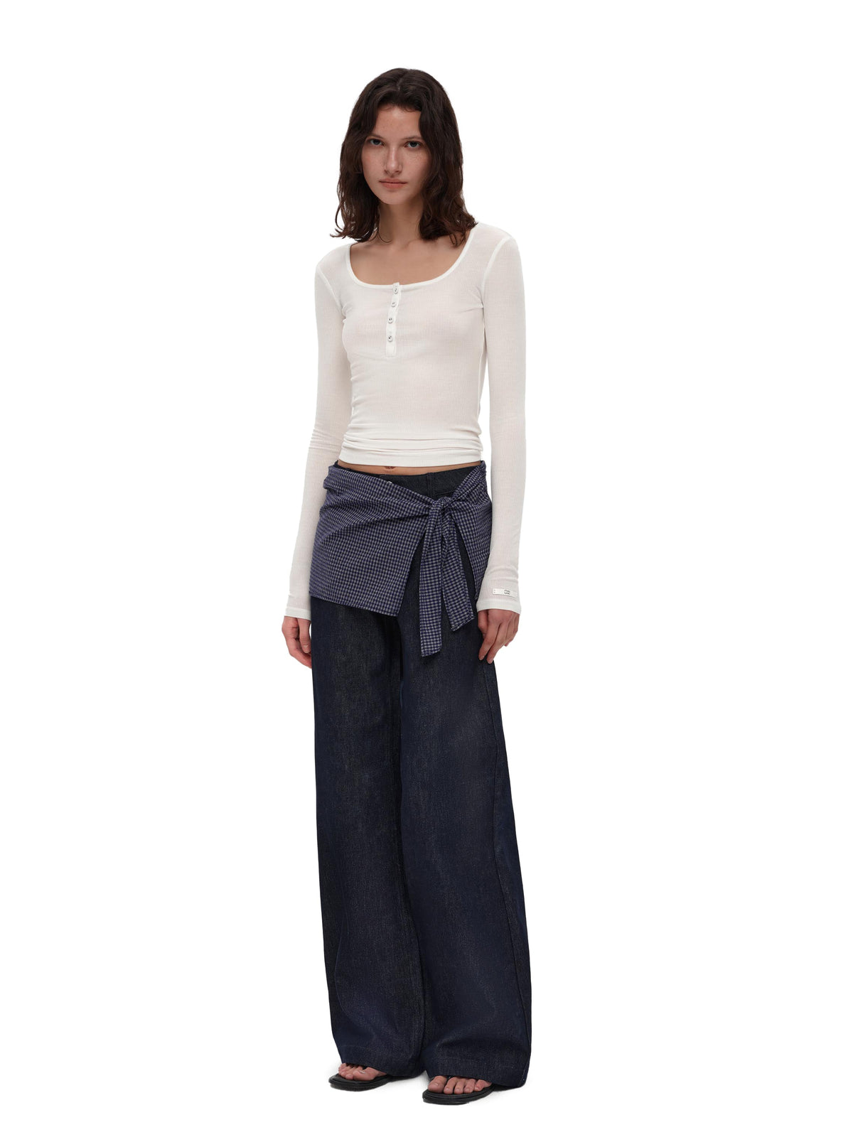 Gingham Tie Straight-Leg Jeans