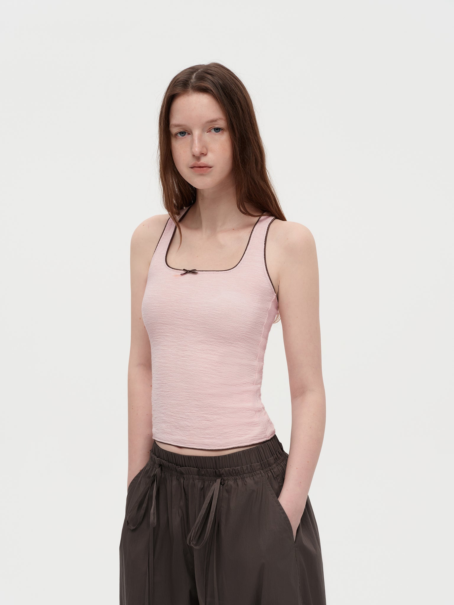 Color-Block Bow Slim Fit Textured Tank Top