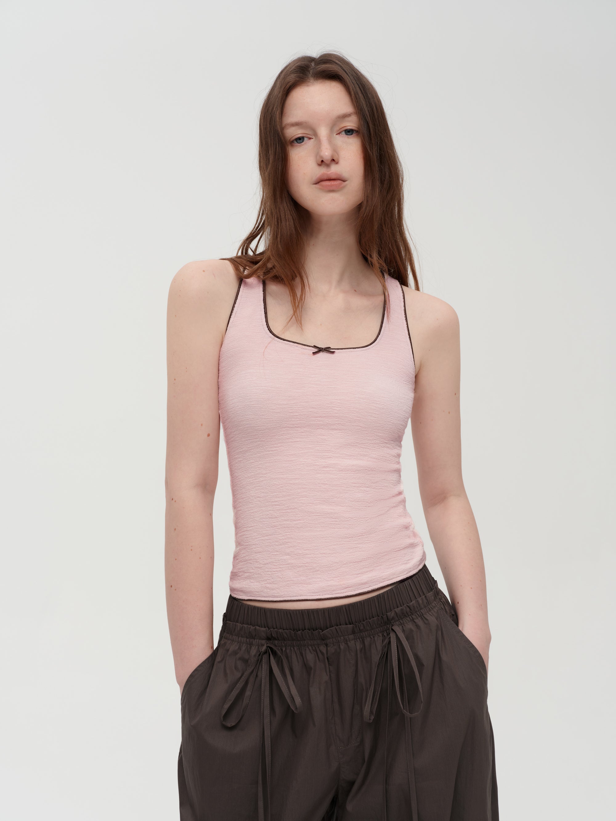 Color-Block Bow Slim Fit Textured Tank Top