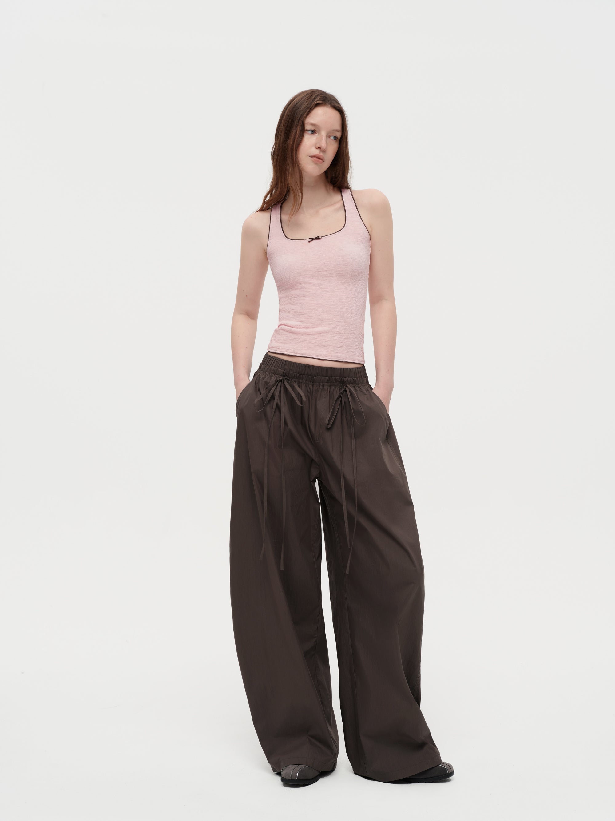 Color-Block Bow Slim Fit Textured Tank Top