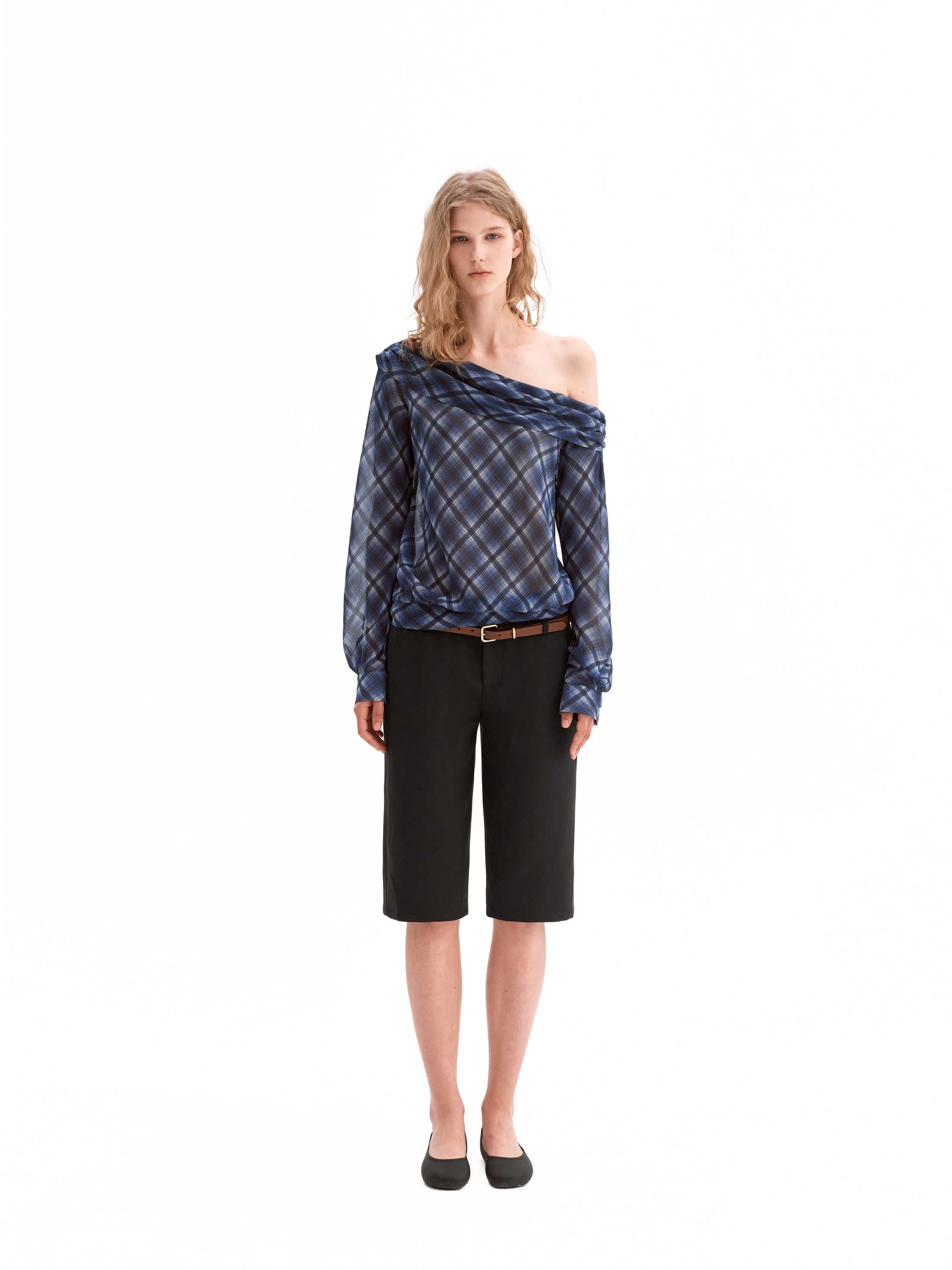 Sheer Check Off-Shoulder Asymmetric Top