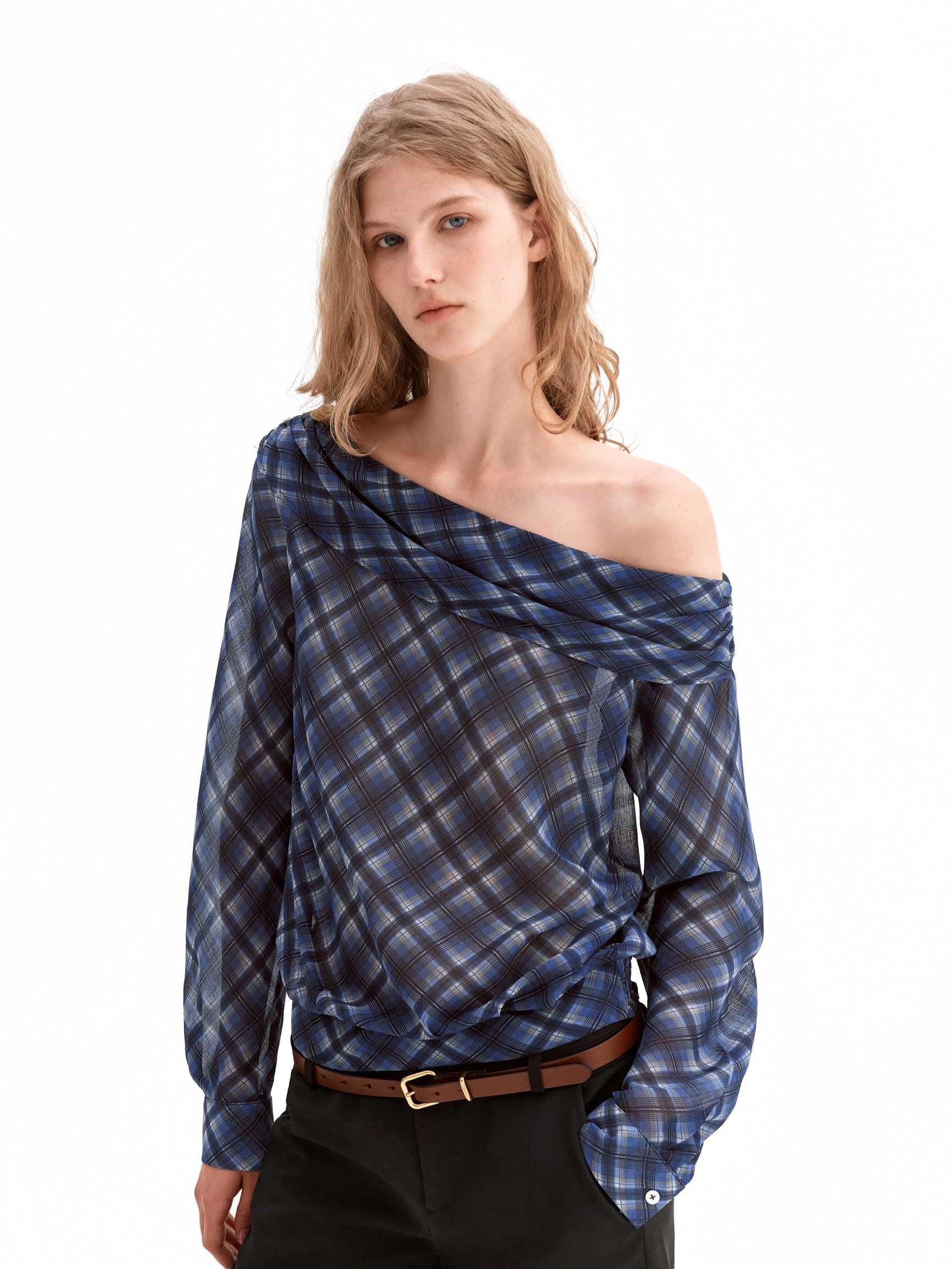 Sheer Check Off-Shoulder Asymmetric Top