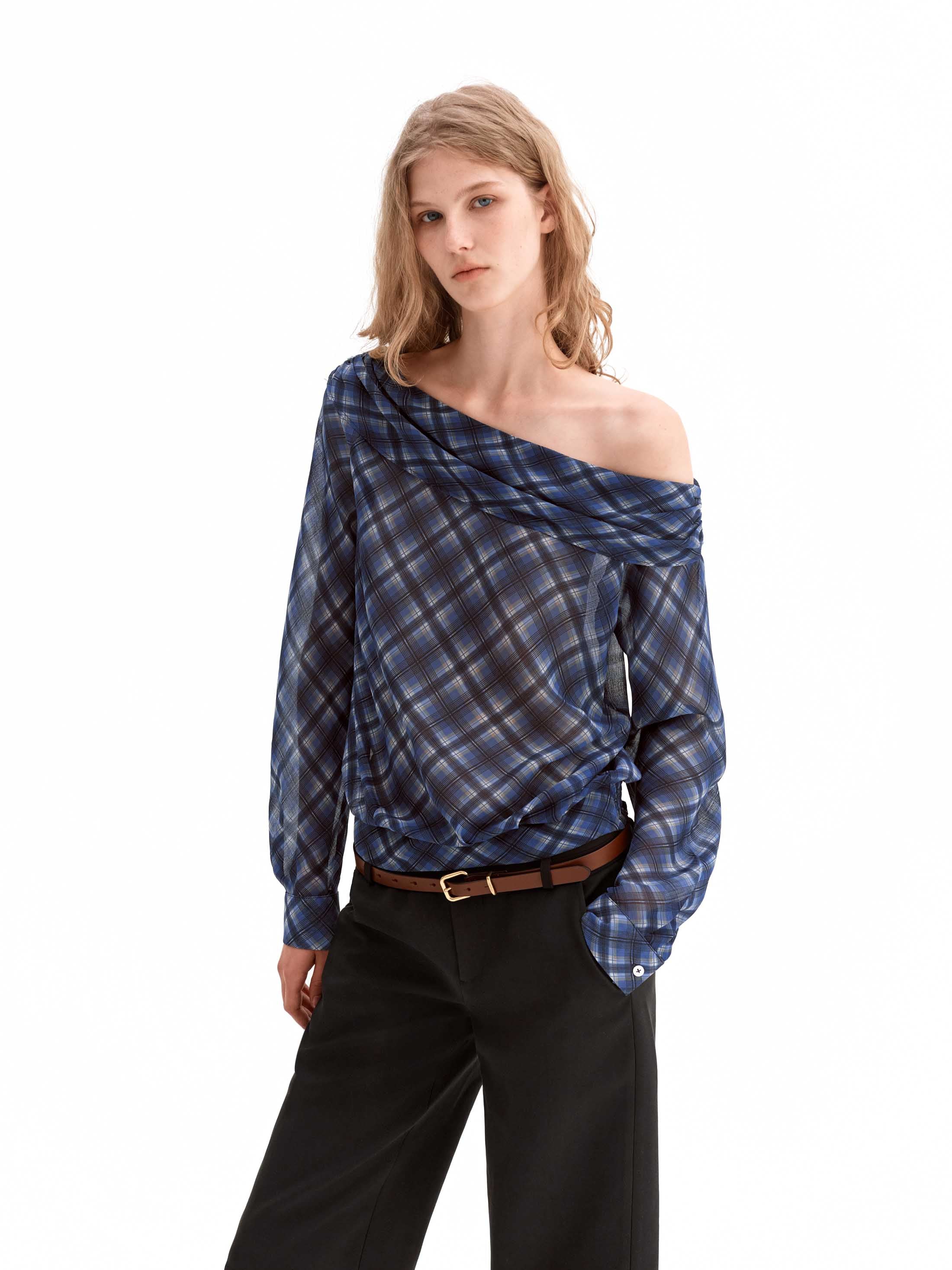 Sheer Check Off-Shoulder Asymmetric Top