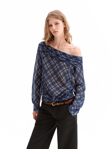 Sheer Check Off-Shoulder Asymmetric Top