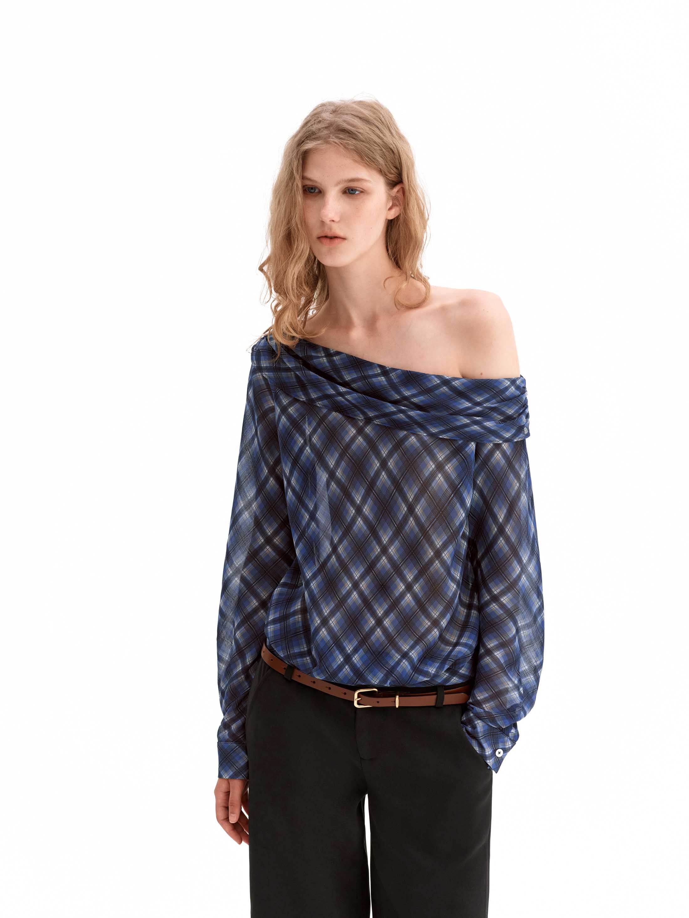 Sheer Check Off-Shoulder Asymmetric Top