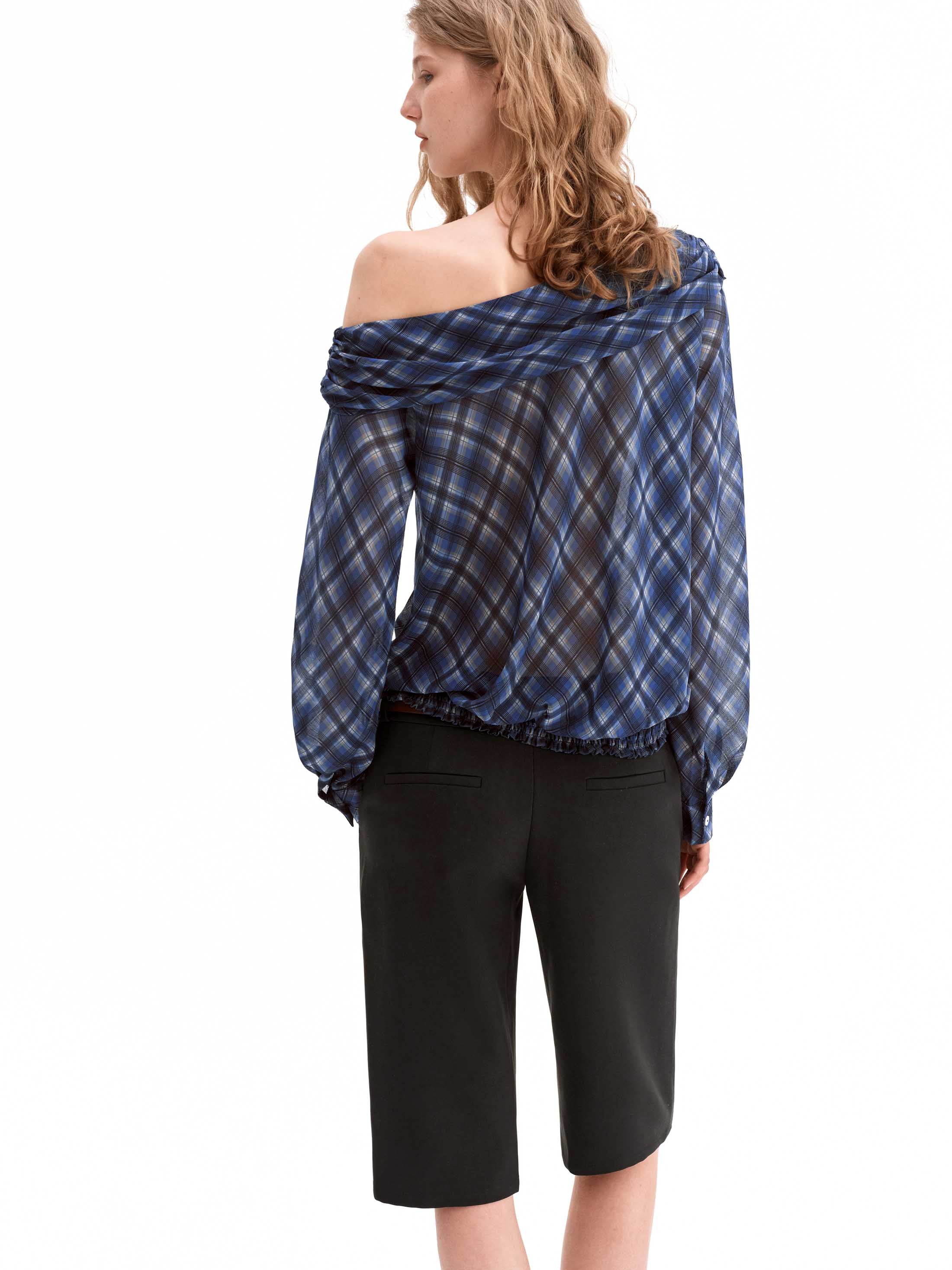 Sheer Check Off-Shoulder Asymmetric Top